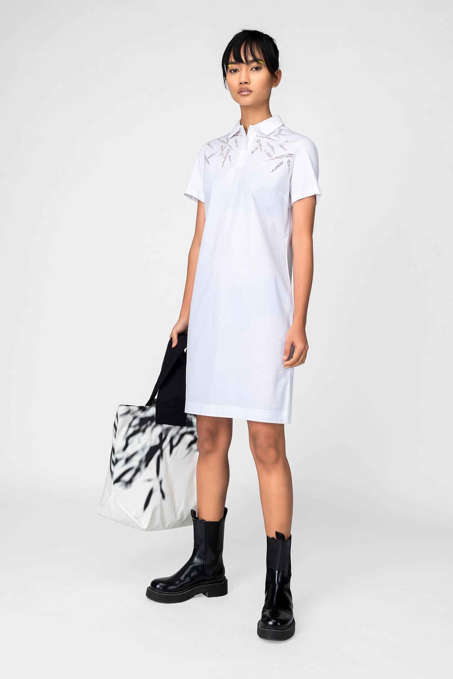 White Embroidered Polo Shirt Dress for Women