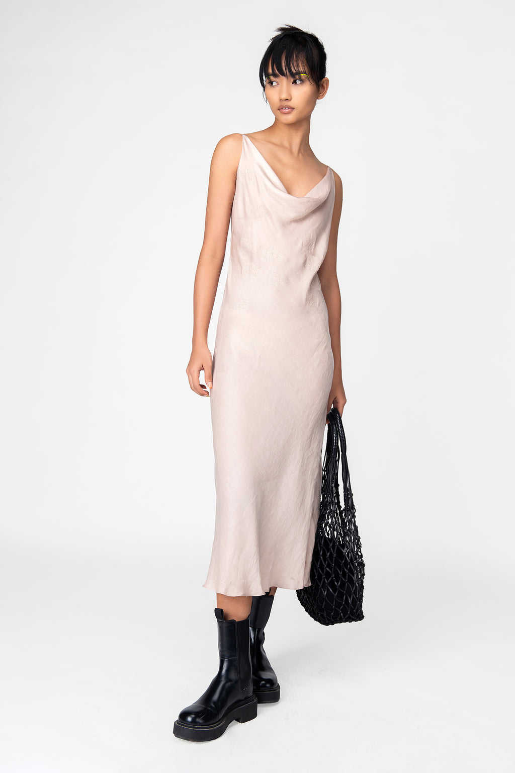 Blush Nude Cowl Neck Midi Slip Dress