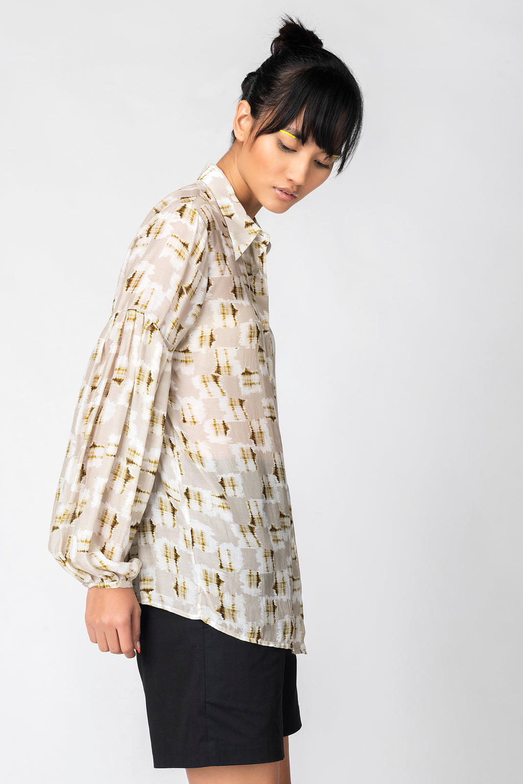 Beige Abstract Sheer Shirt with Balloon Sleeves