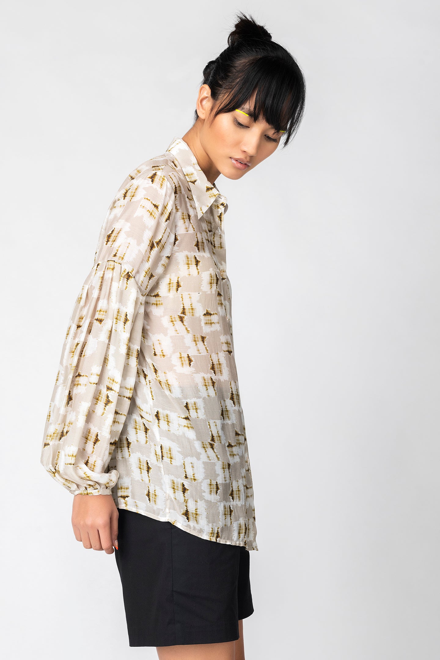 Beige Abstract Sheer Shirt with Balloon Sleeves