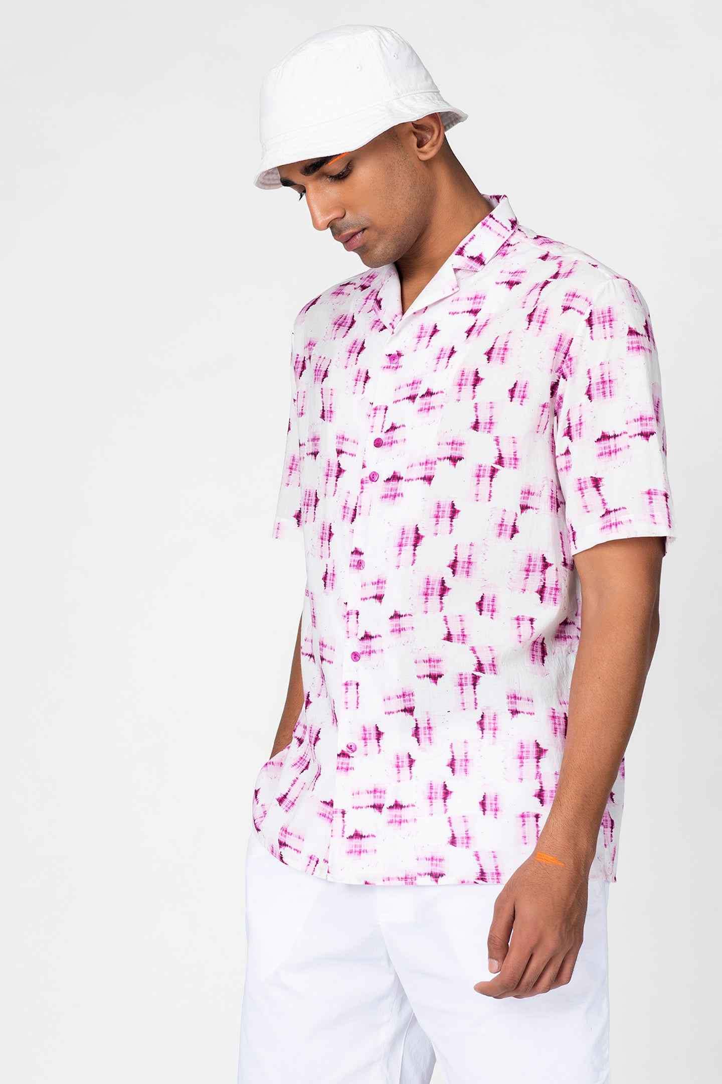 White & Pink Abstract Print Resort Shirt