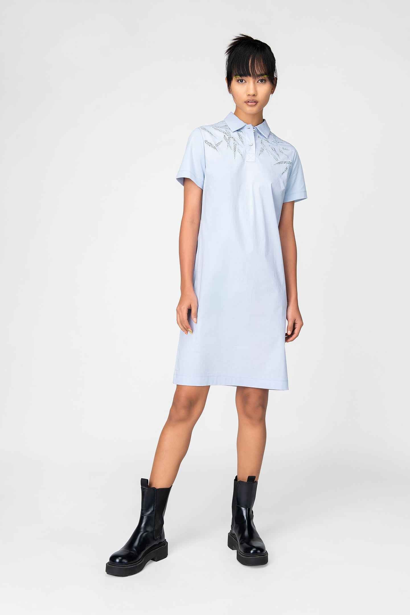 Light Blue Polo Shirt Dress with Embroidered Detail