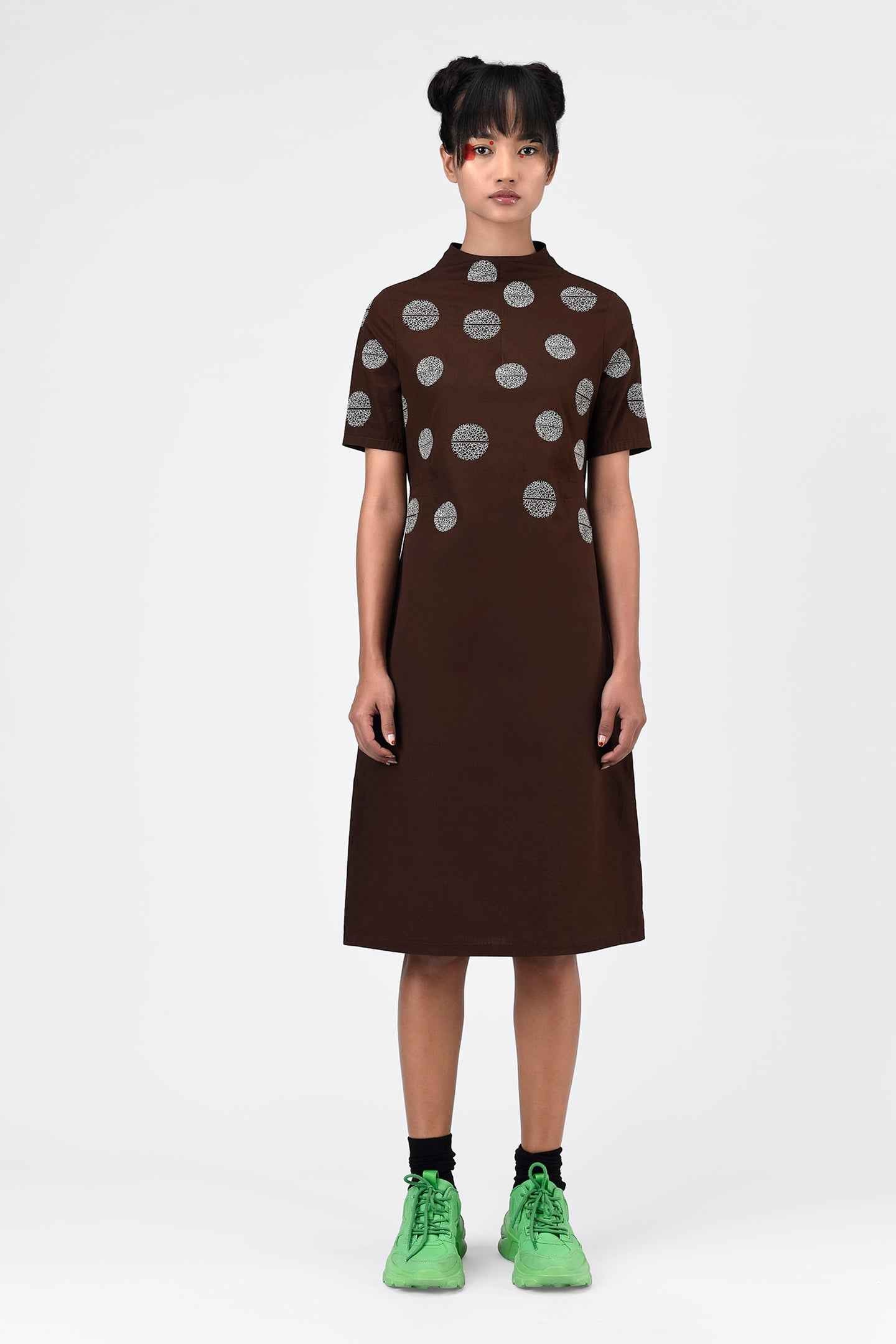 Umber Brown High Neck Embroidered Dress