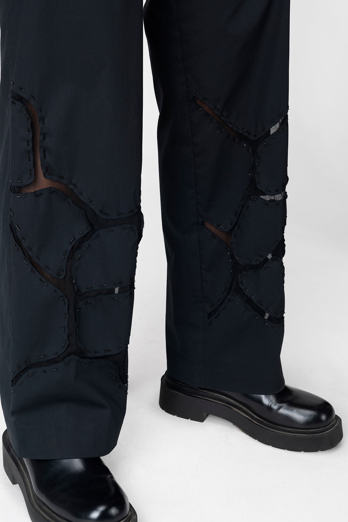 Black High-Waist Panelled Pants with Sheer Inserts