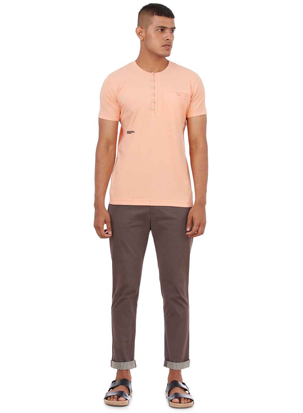 Peach Buttoned Henley Neck T-Shirt