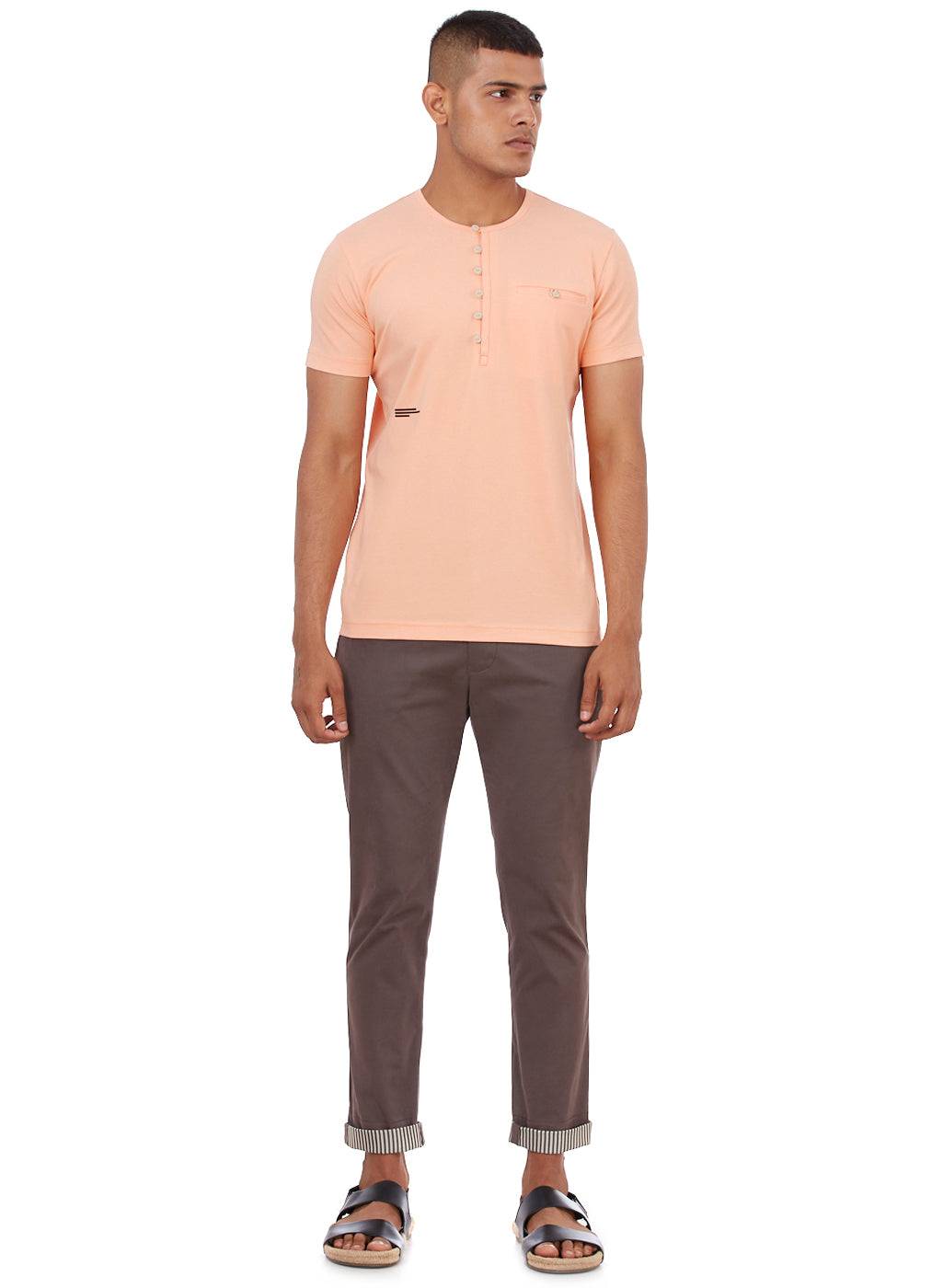 Peach Buttoned Henley Neck T-Shirt
