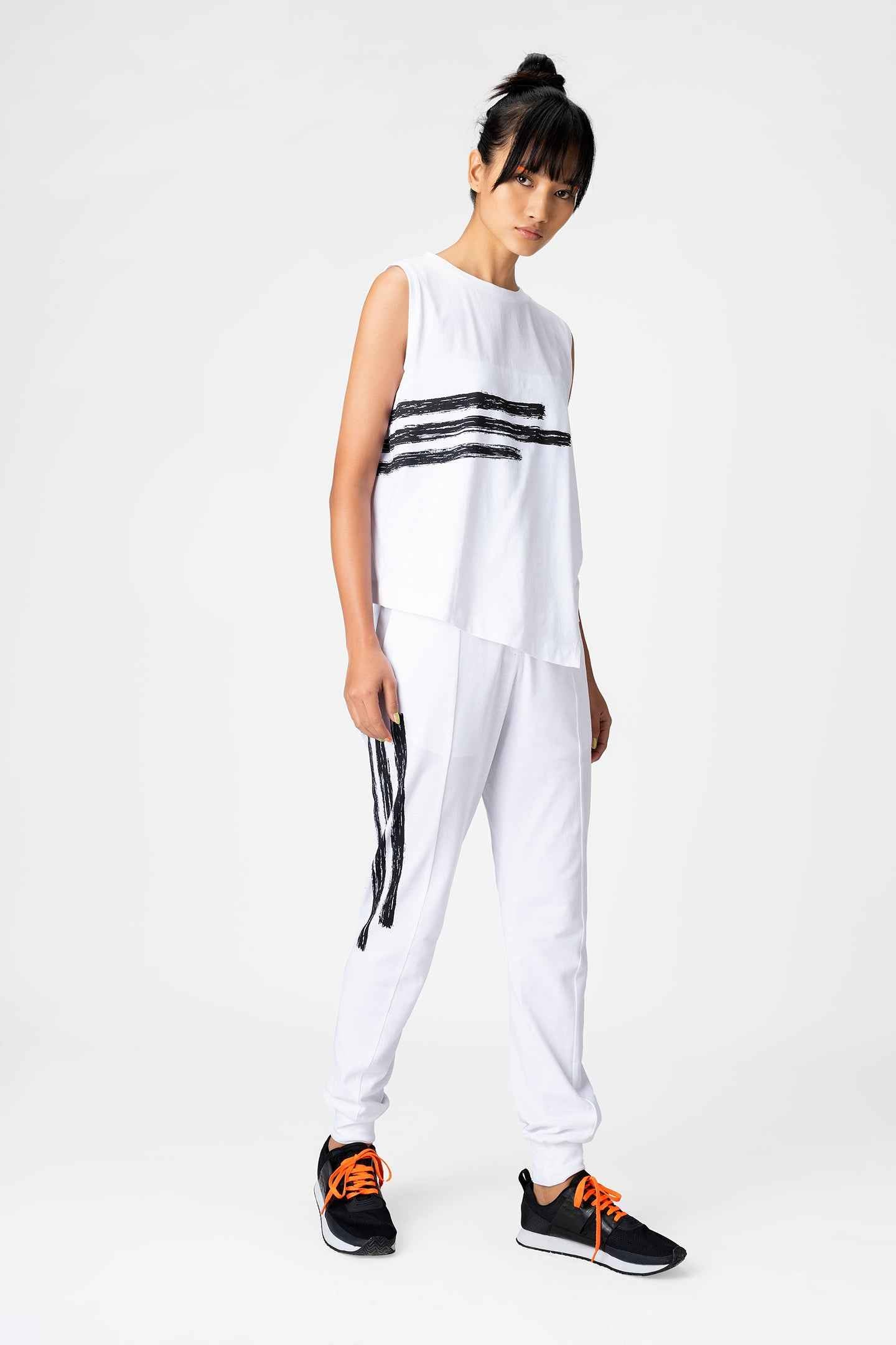 White Brushstroke Stripe Joggers for Women
