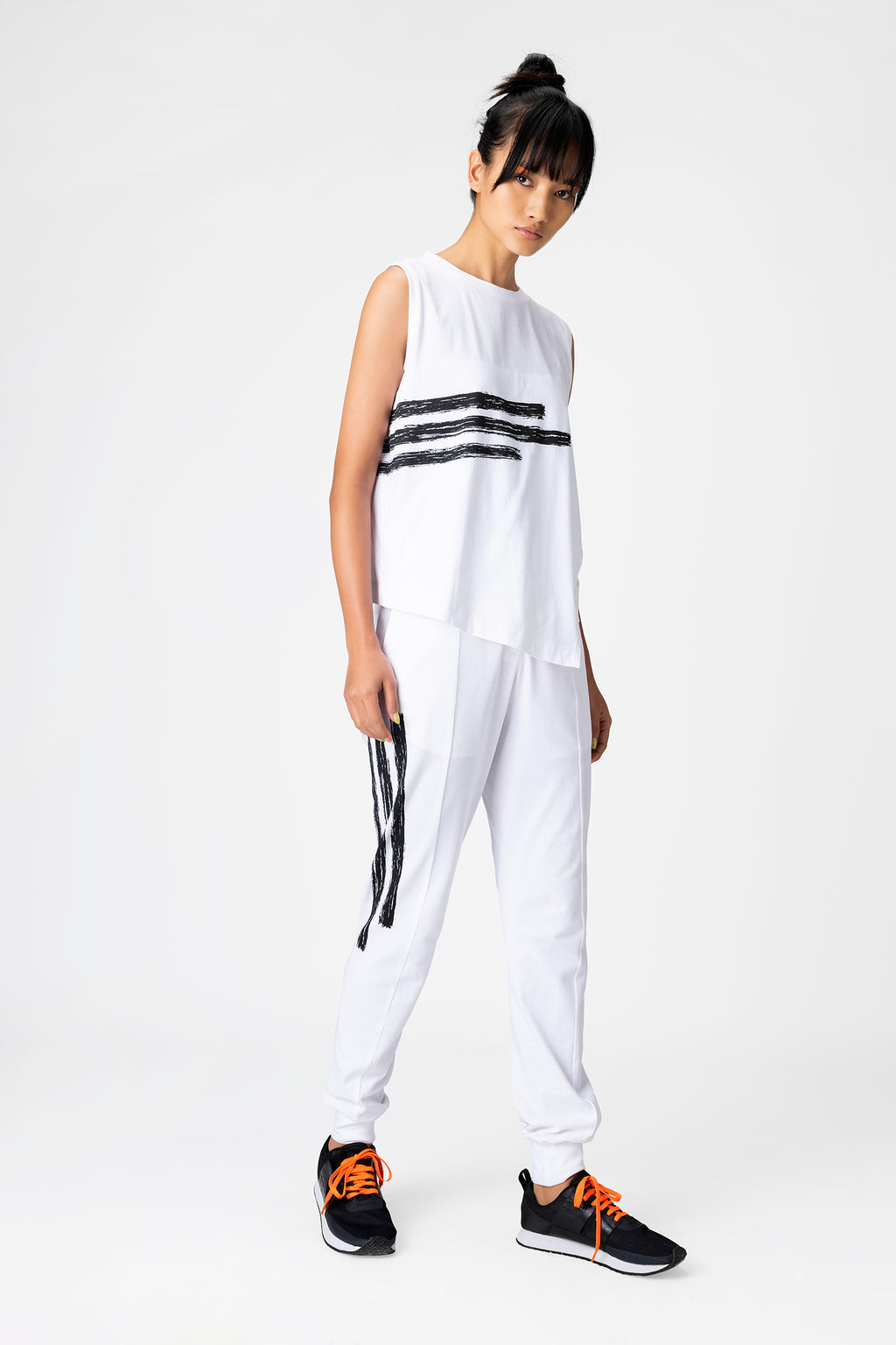 White Brushstroke Stripe Joggers for Women