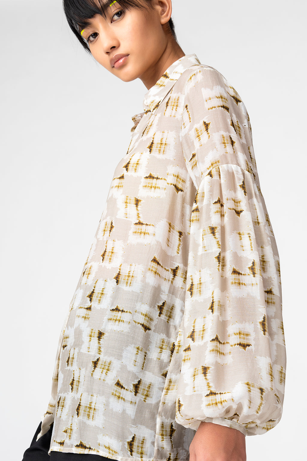 Beige Abstract Sheer Shirt with Balloon Sleeves