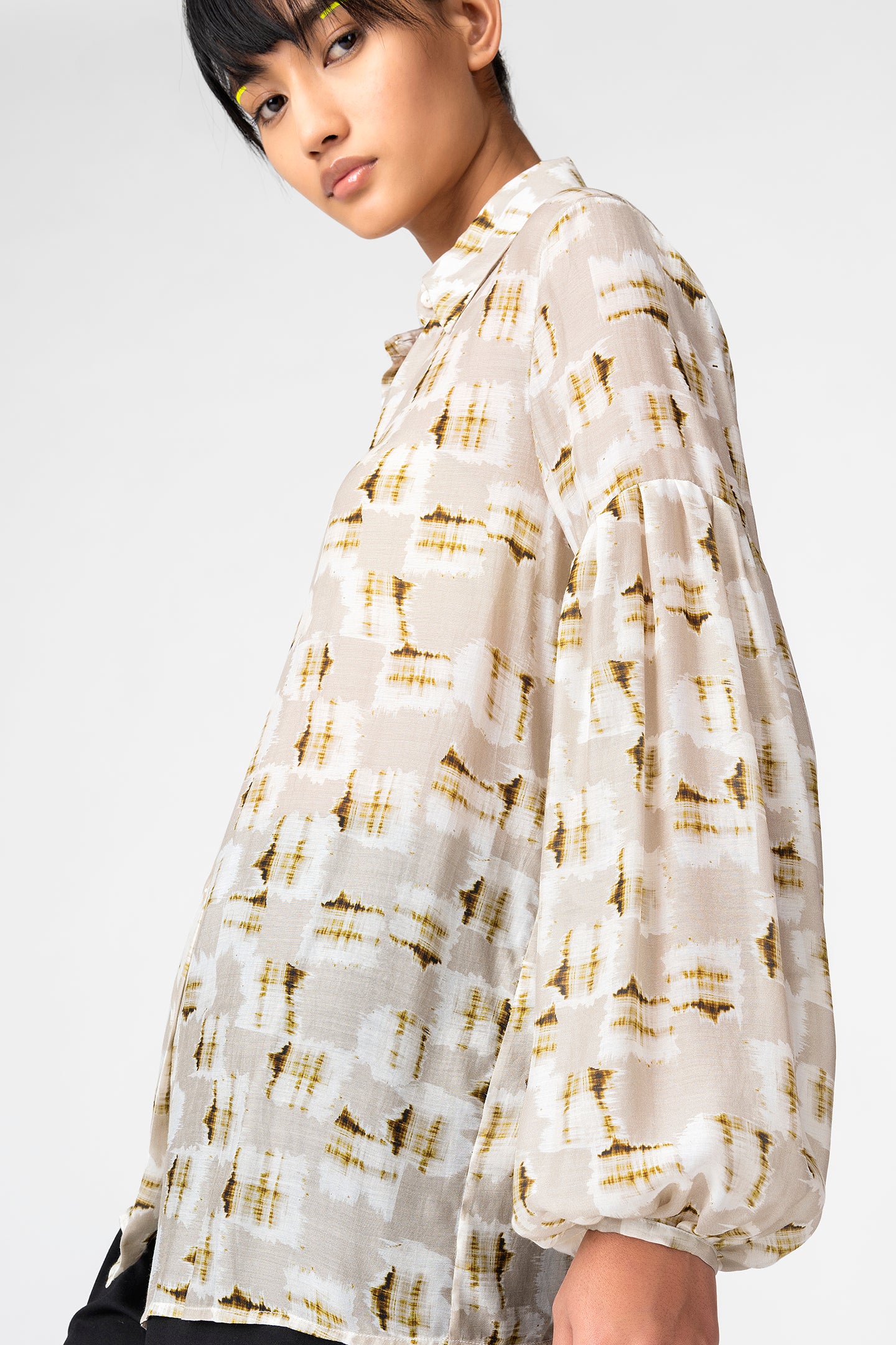 Beige Abstract Sheer Shirt with Balloon Sleeves