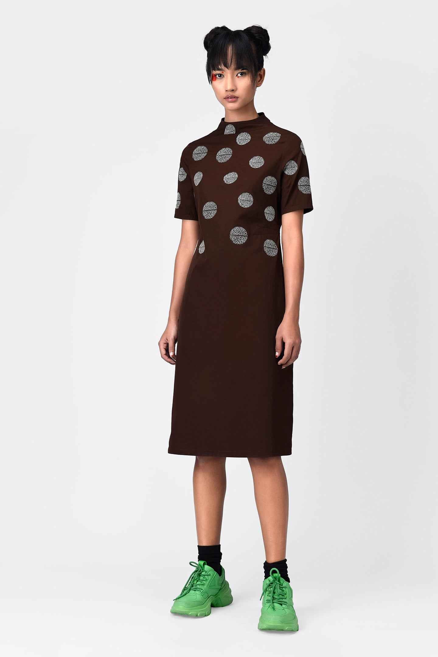 Umber Brown High Neck Embroidered Dress