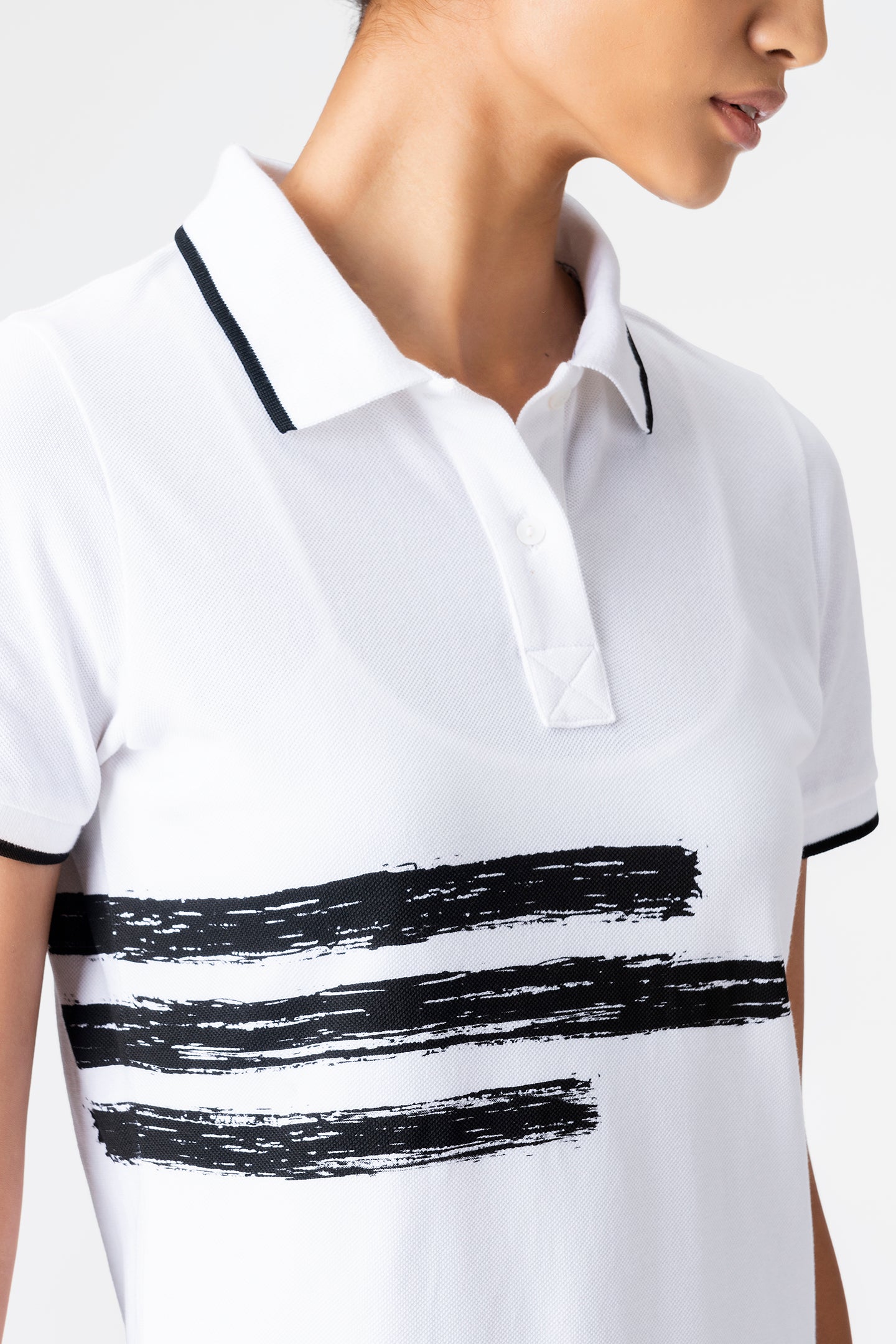 White Brushstroke Print Polo Dress