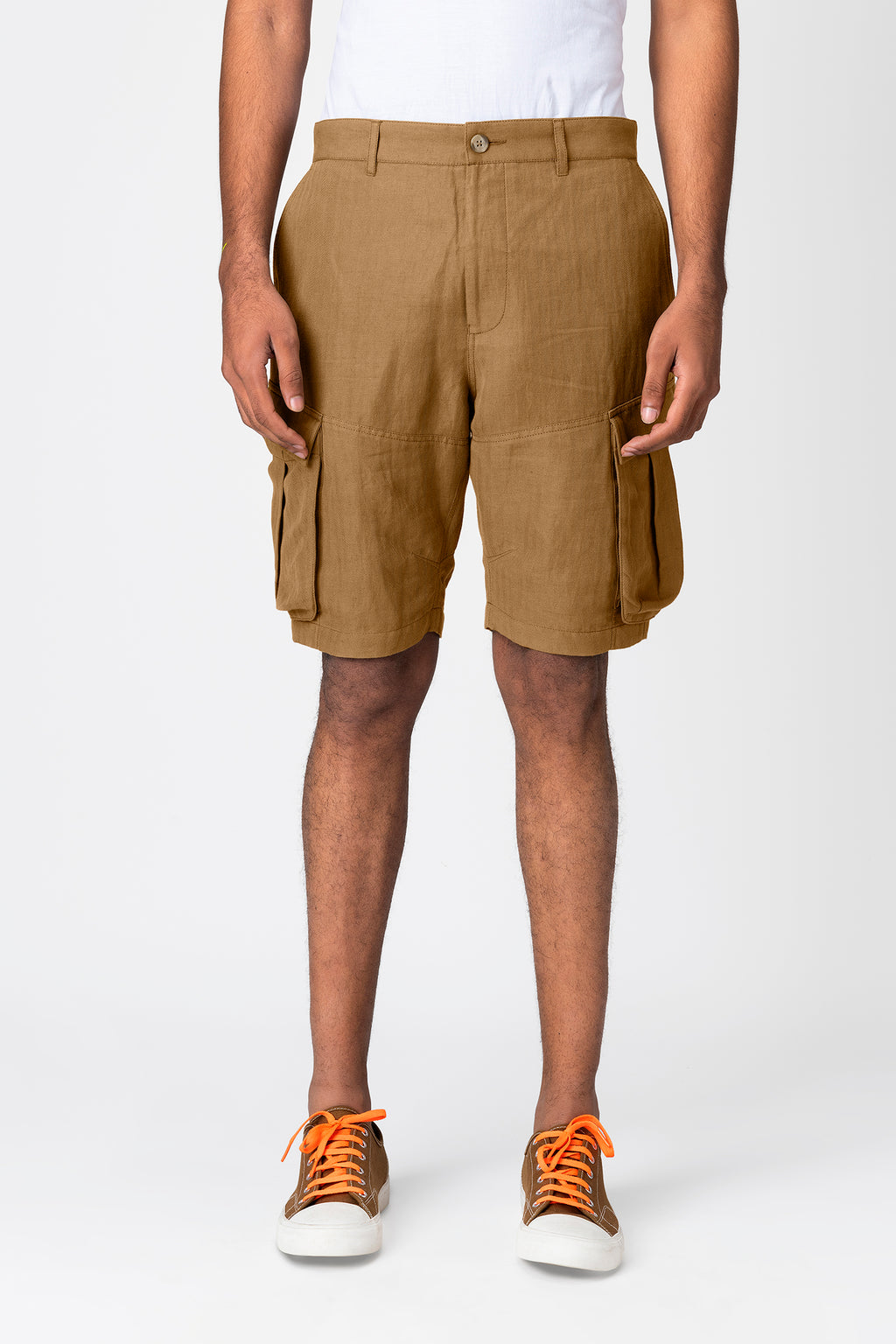 Brown Cotton-Linen Cargo Shorts for Men