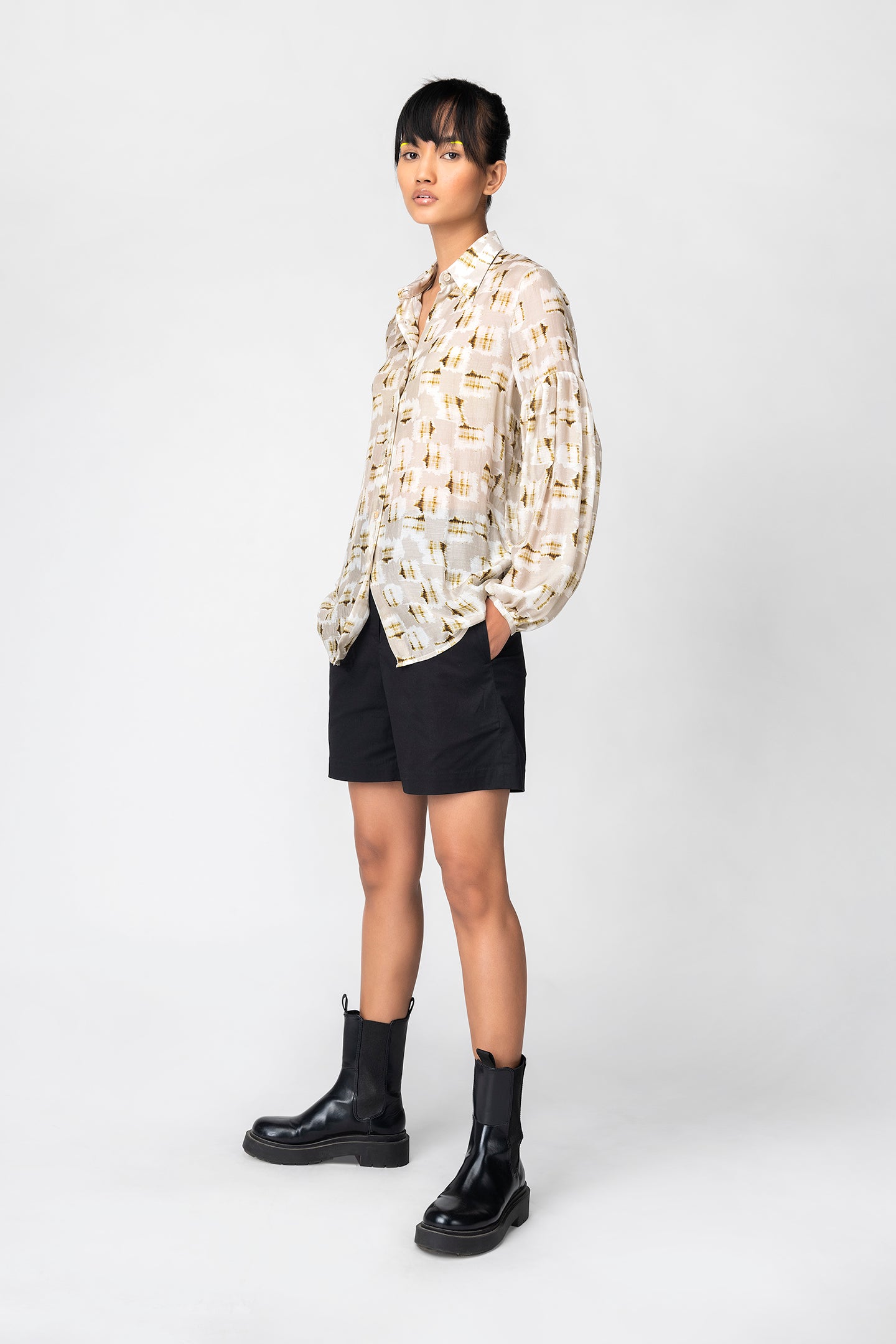 Beige Abstract Sheer Shirt with Balloon Sleeves
