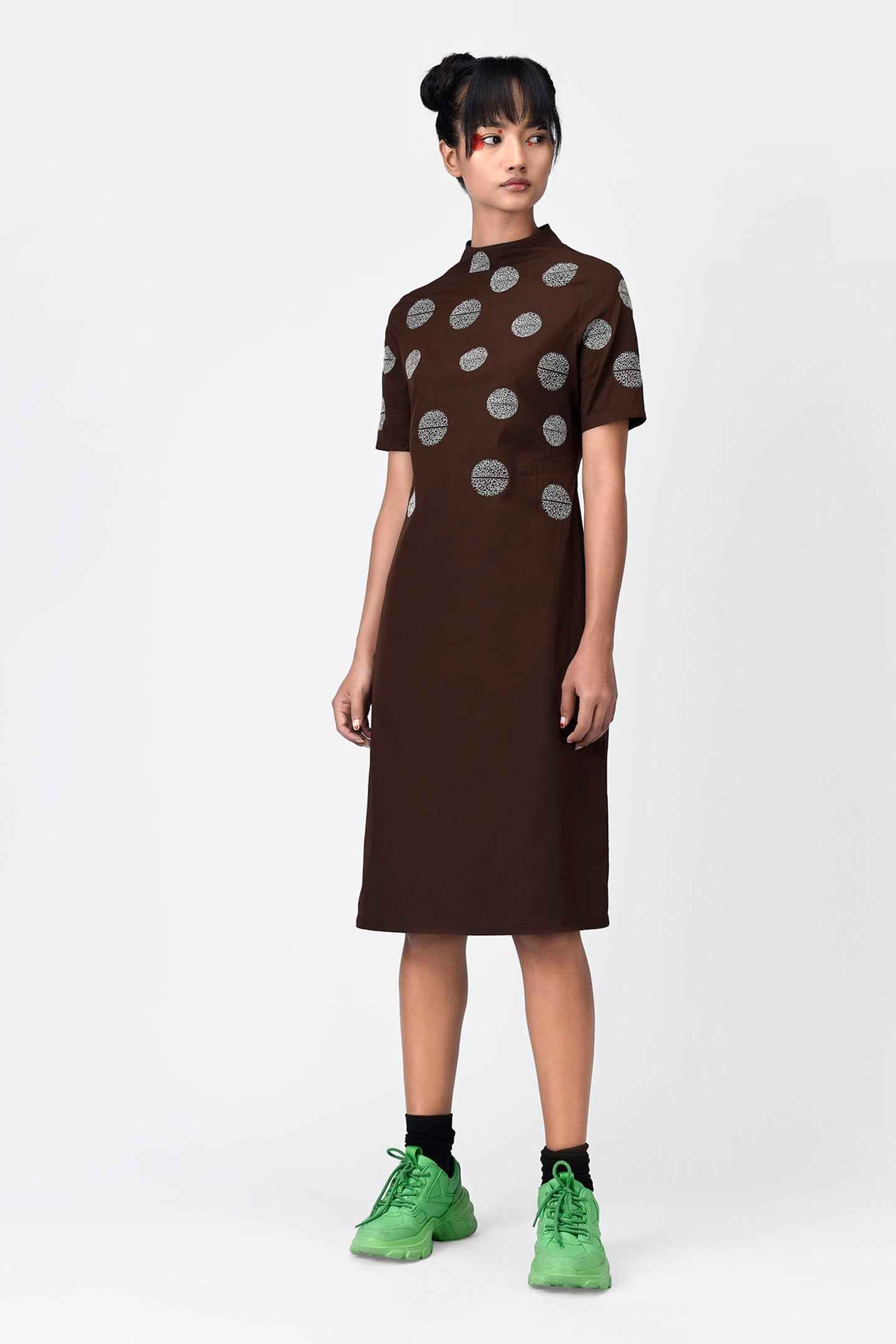 Umber Brown High Neck Embroidered Dress