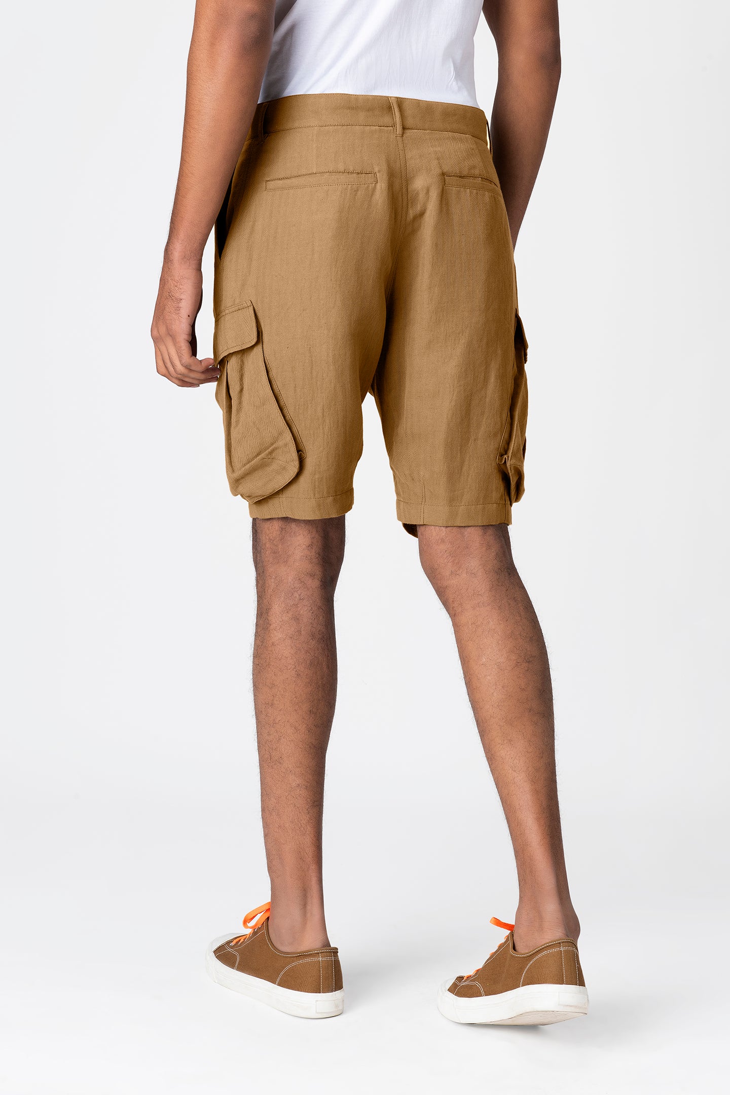 Brown Cotton-Linen Cargo Shorts for Men