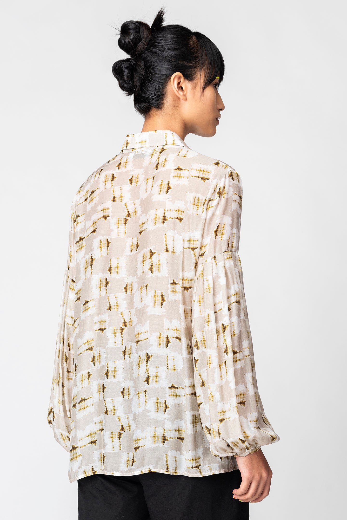 Beige Abstract Sheer Shirt with Balloon Sleeves