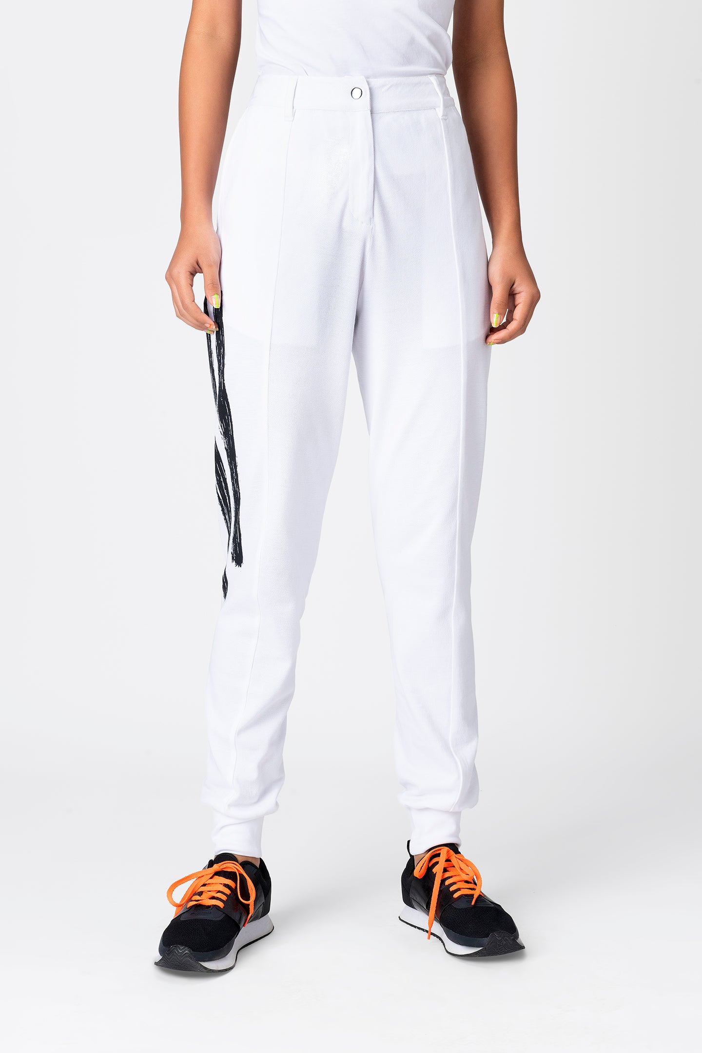 White Brushstroke Stripe Joggers for Women