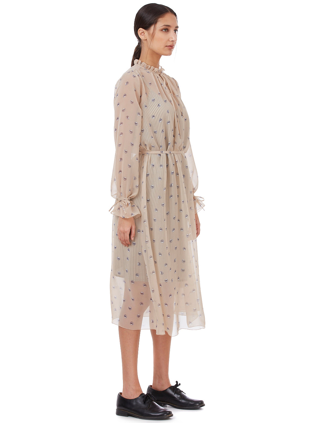 Sheer Printed Midi Dress with Ruffle Neckline
