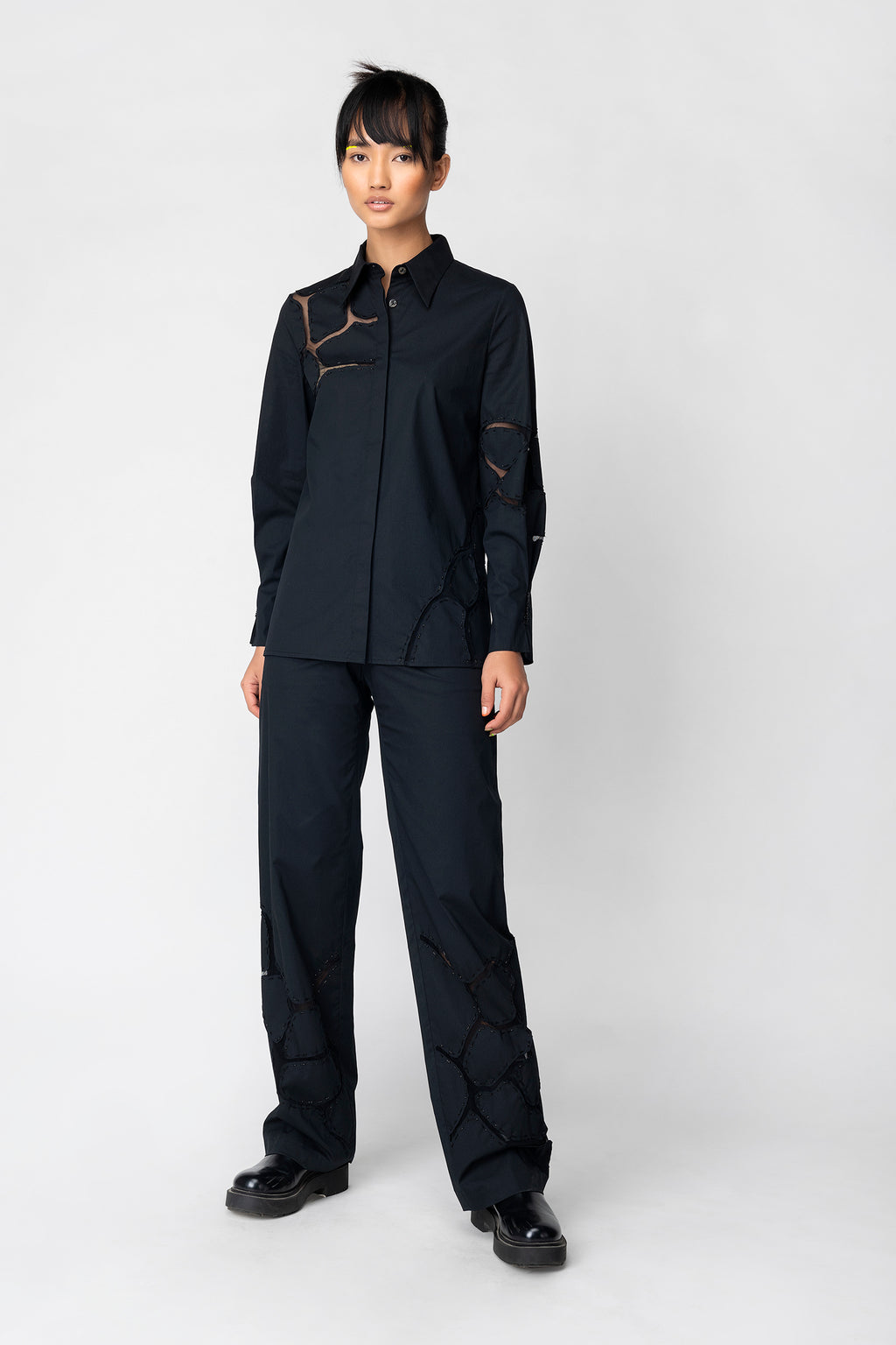 Black High-Waist Panelled Pants with Sheer Inserts
