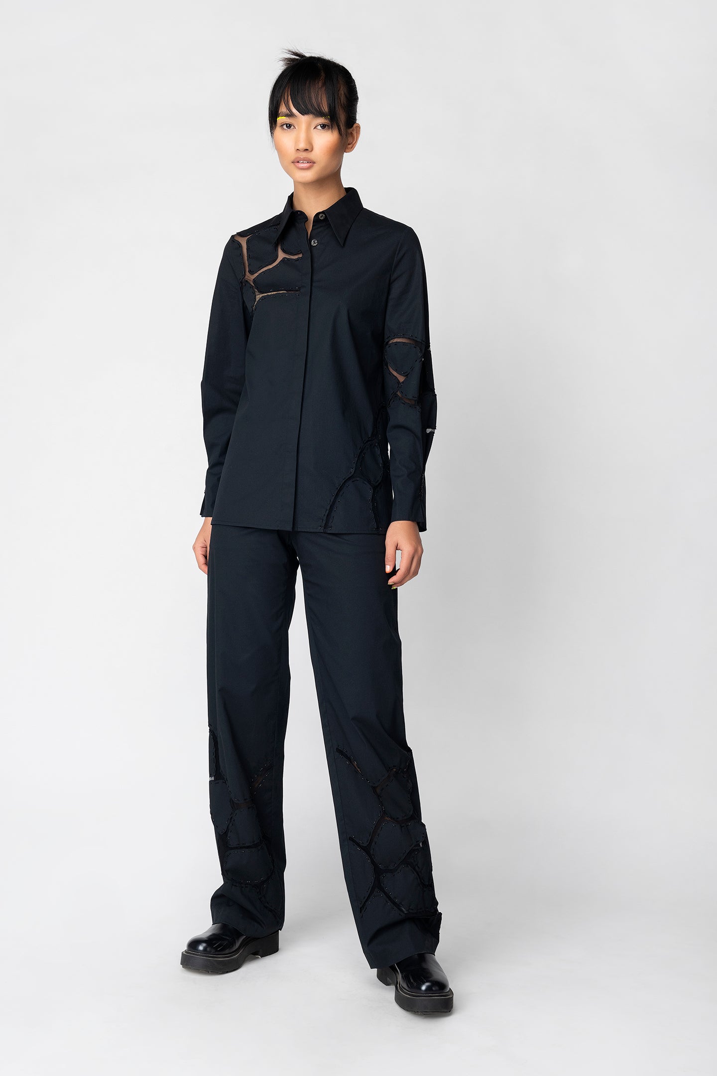 Black High-Waist Panelled Pants with Sheer Inserts