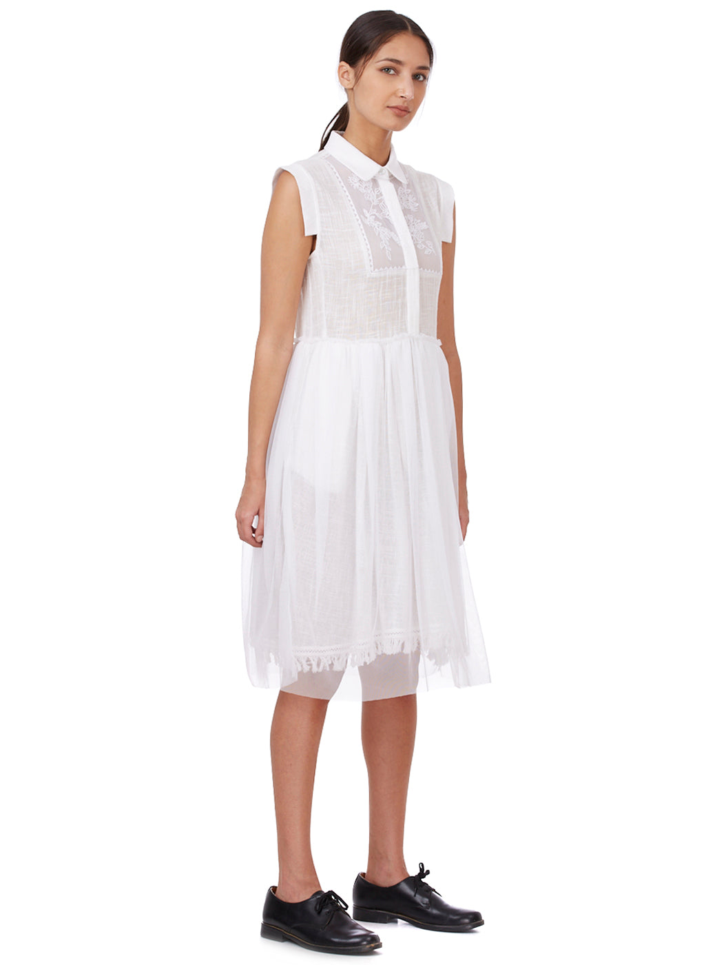 White Sleeveless Embroidered Shirt Dress