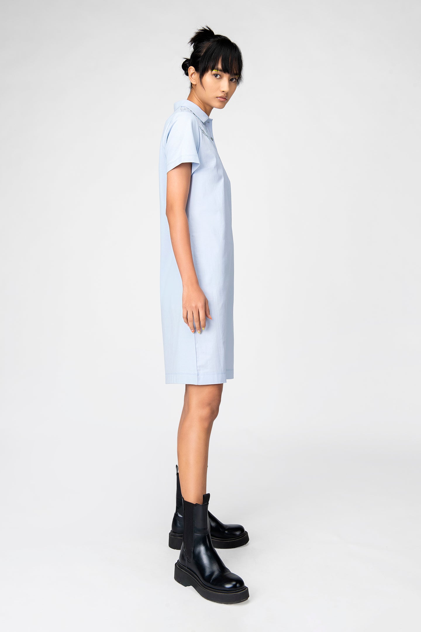Light Blue Polo Shirt Dress with Embroidered Detail
