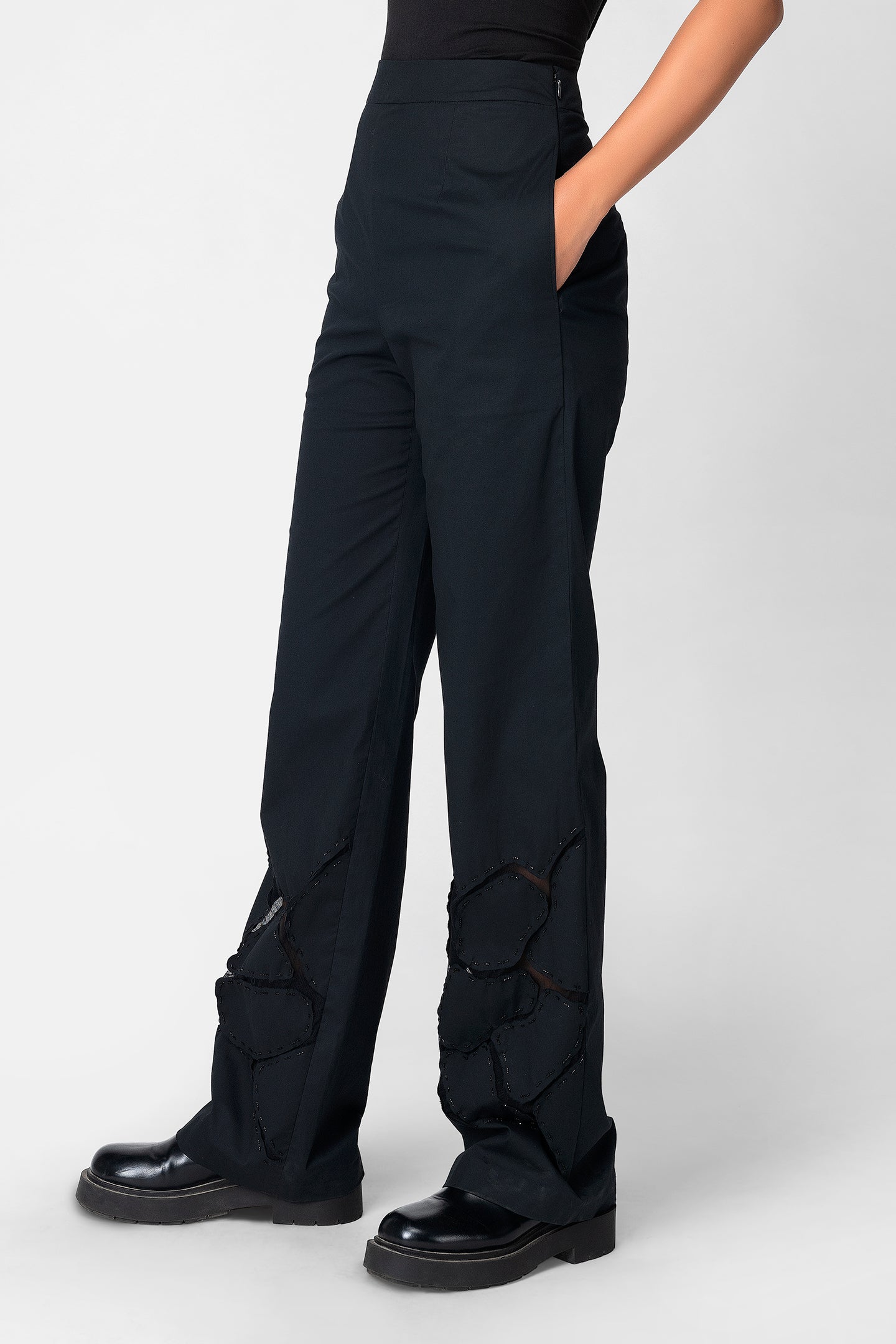Black High-Waist Panelled Pants with Sheer Inserts