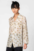 Beige Abstract Sheer Shirt with Balloon Sleeves