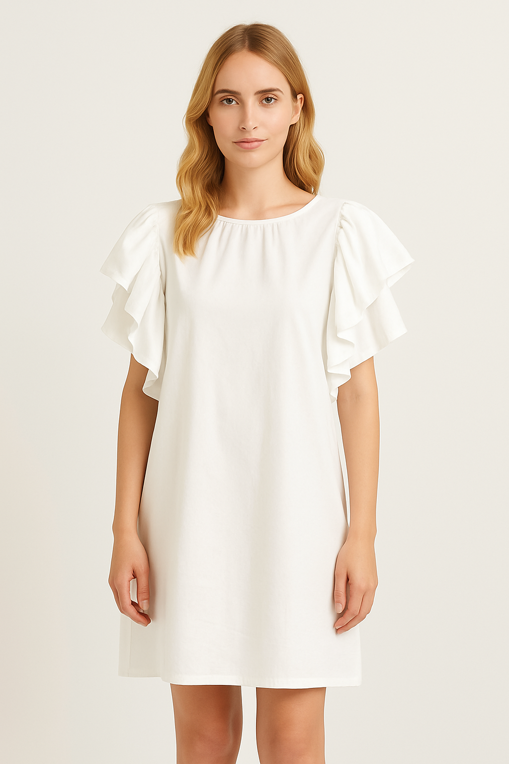 White Ruffle Sleeve Shift Dress