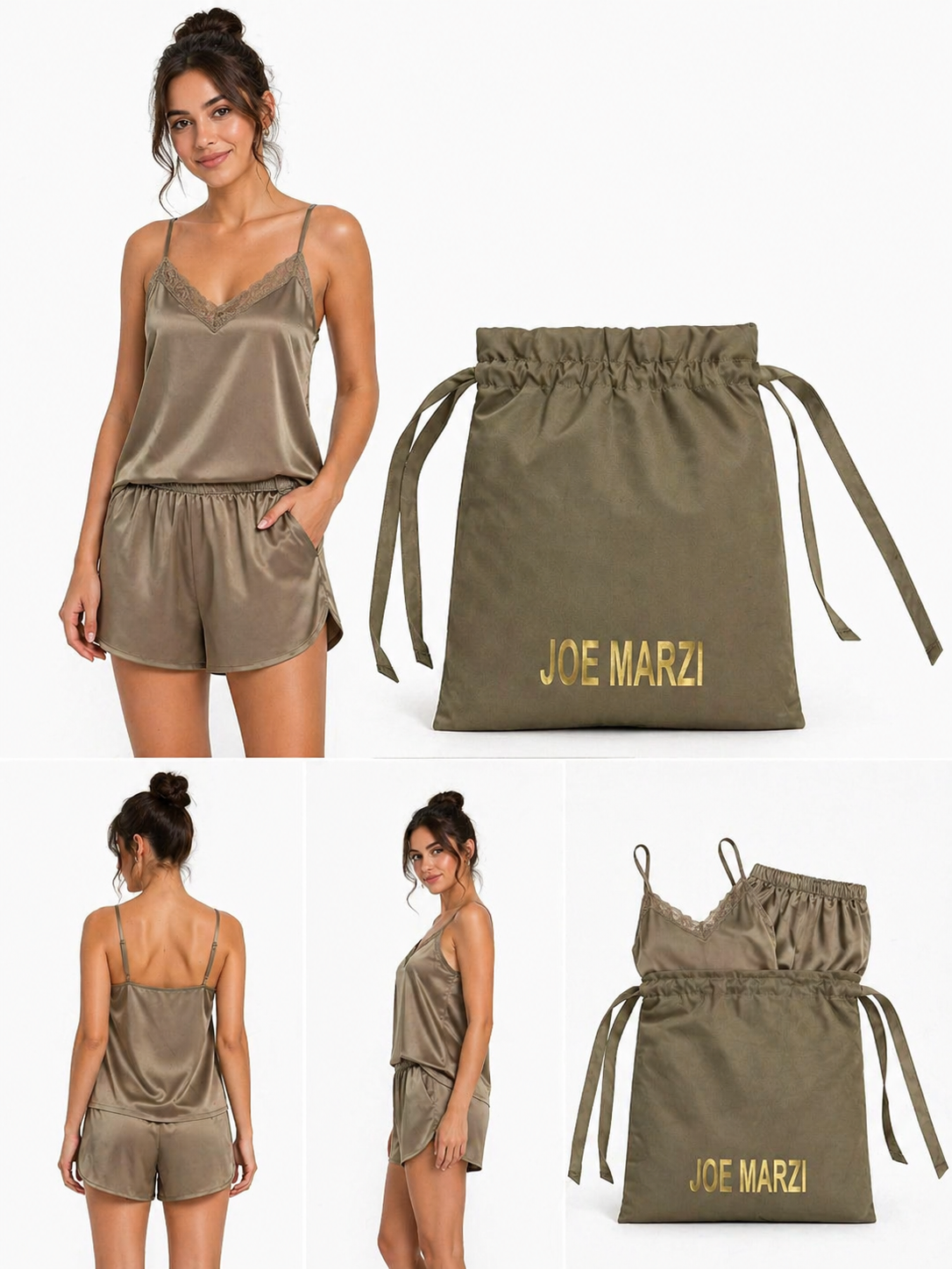 Premium Satin Camisole & Shorts Set with Luxury Drawstring Pouch – Olive Taupe