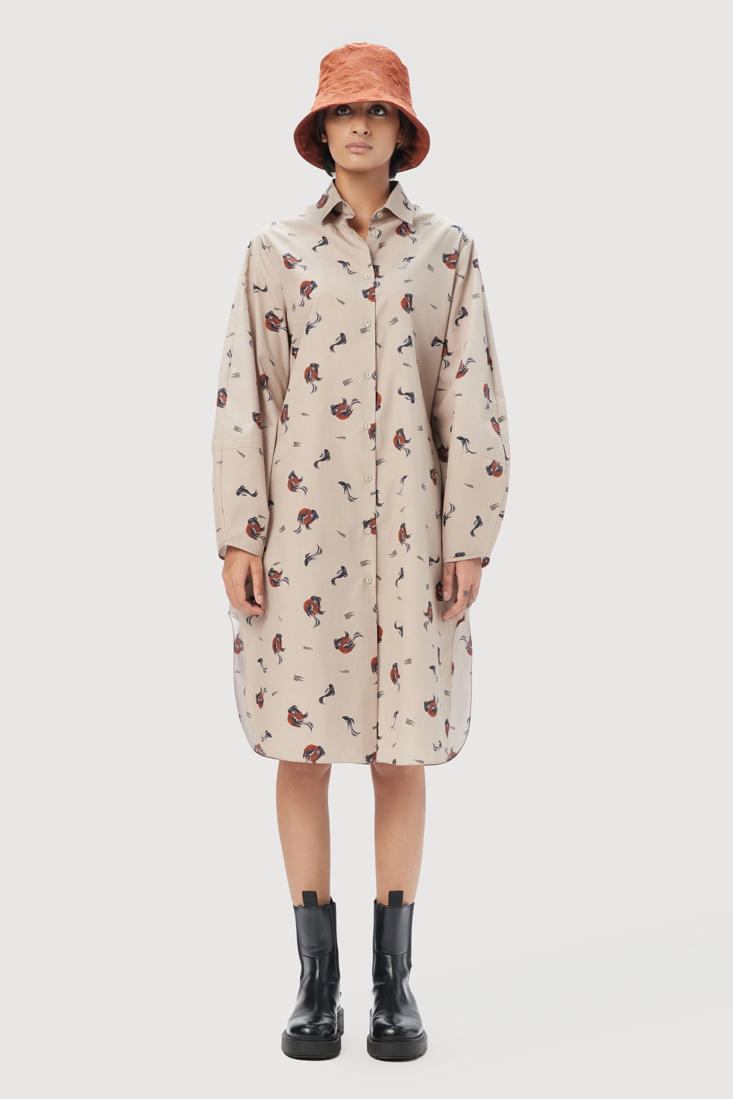 Elegant A-Line Shirt Dress with All-Over Fish Print - Genes Lecoanet Hemant