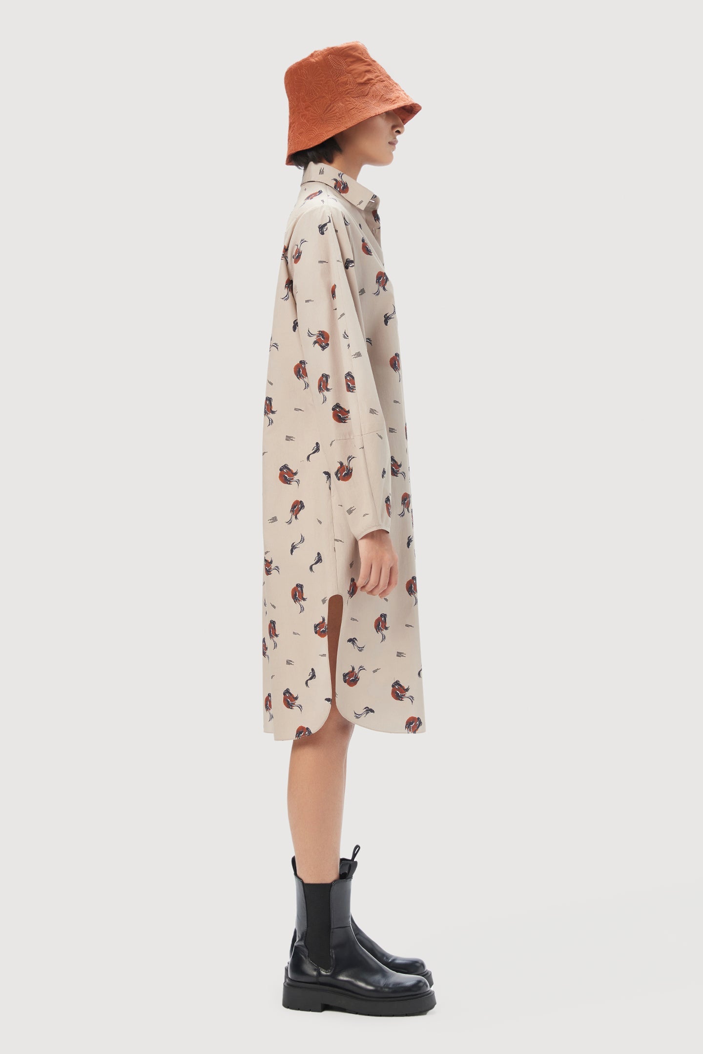 Elegant A-Line Shirt Dress with All-Over Fish Print - Genes Lecoanet Hemant