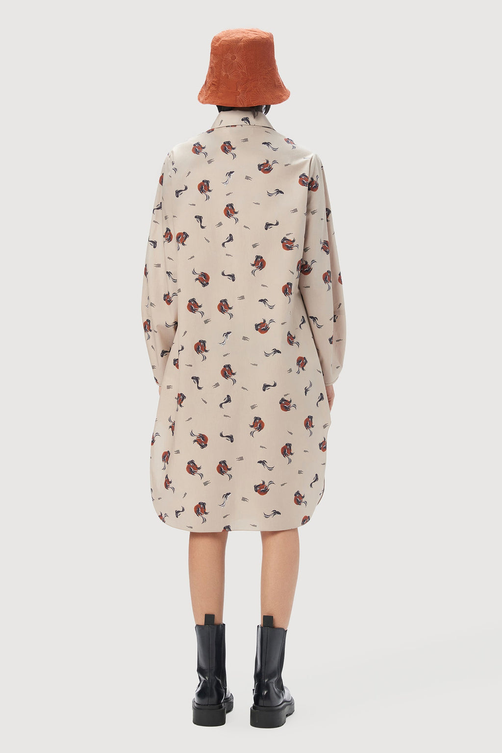 Elegant A-Line Shirt Dress with All-Over Fish Print - Genes Lecoanet Hemant