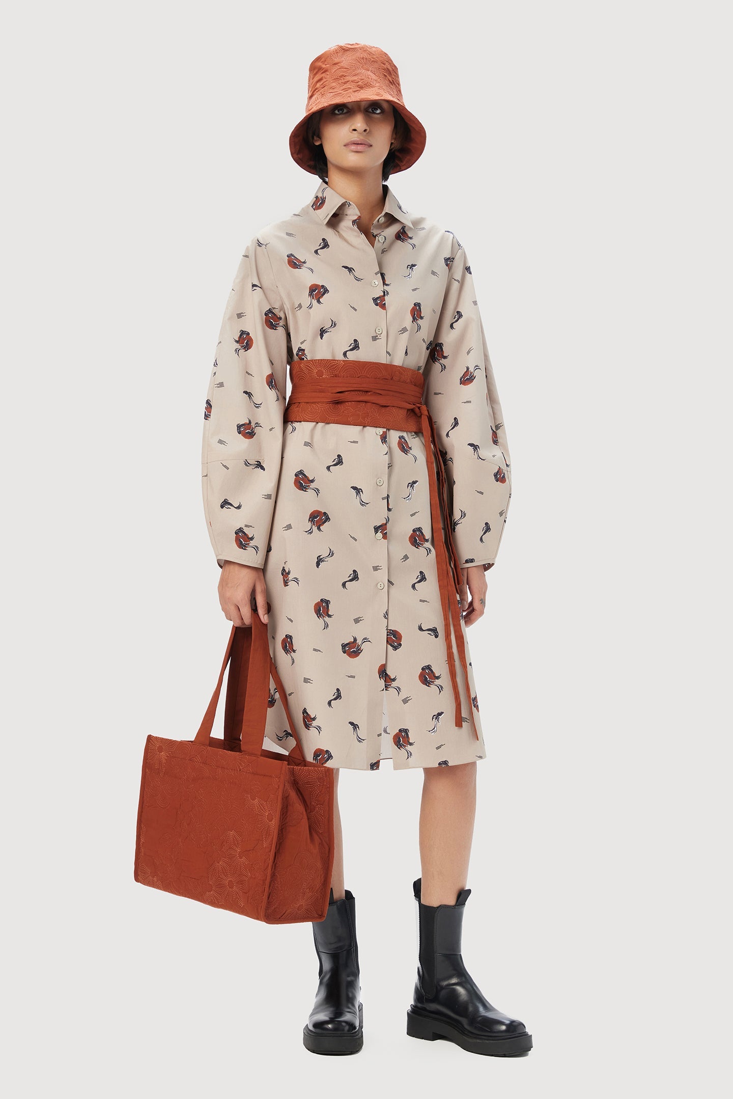 Elegant A-Line Shirt Dress with All-Over Fish Print - Genes Lecoanet Hemant