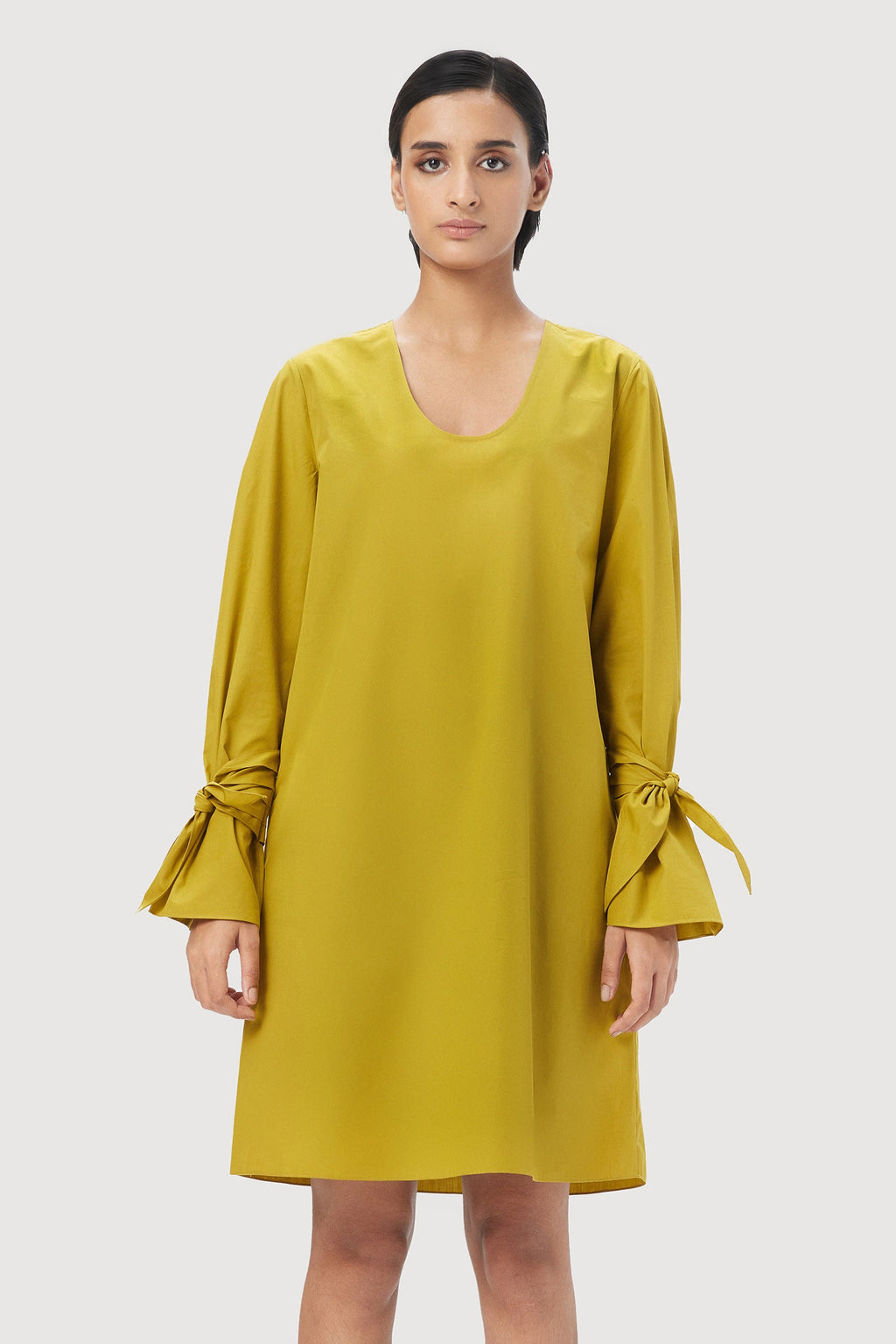 A-Line Round Neck Dress with Tie-Up Straps on Sleeves - Genes Lecoanet Hemant