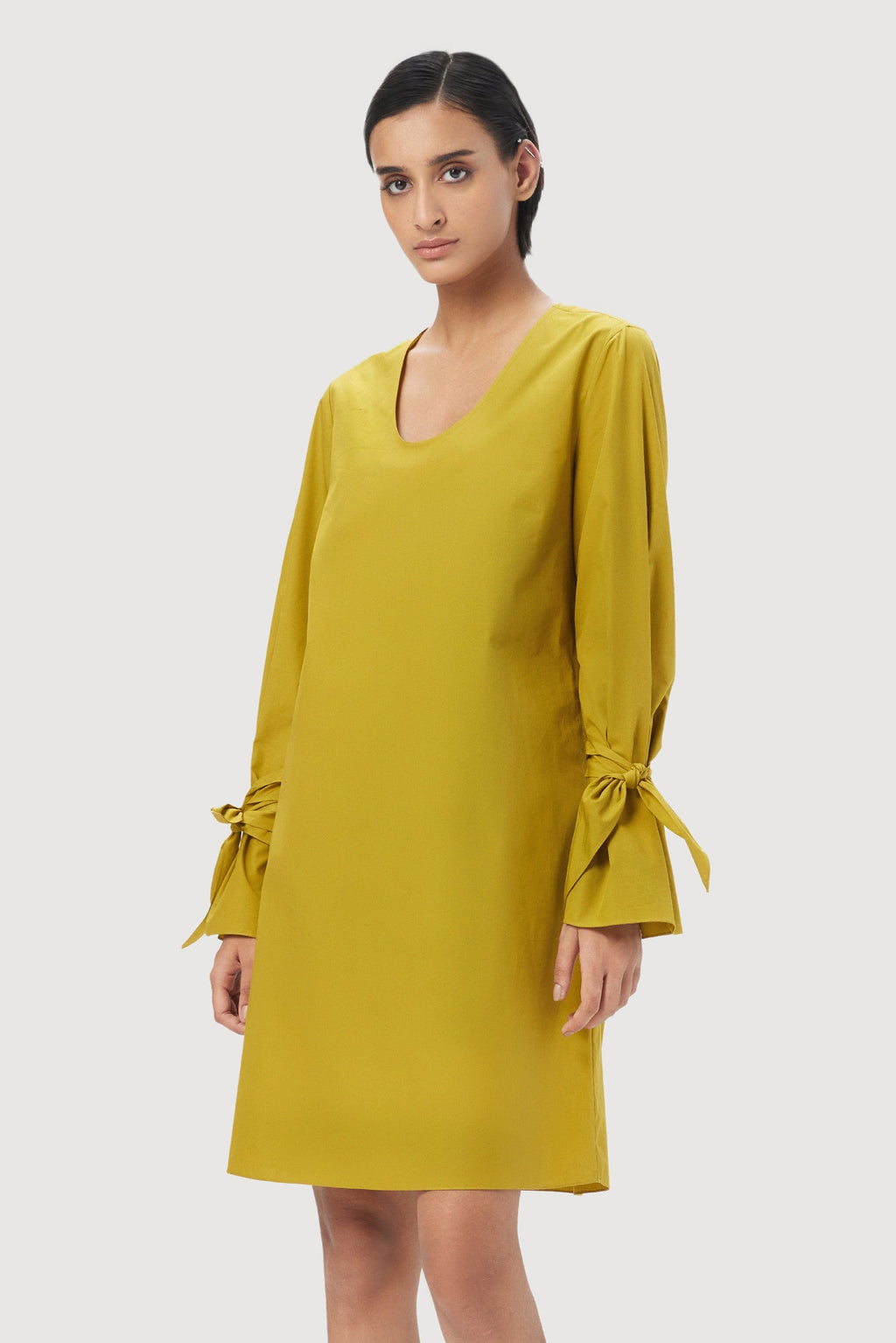 A-Line Round Neck Dress with Tie-Up Straps on Sleeves - Genes Lecoanet Hemant