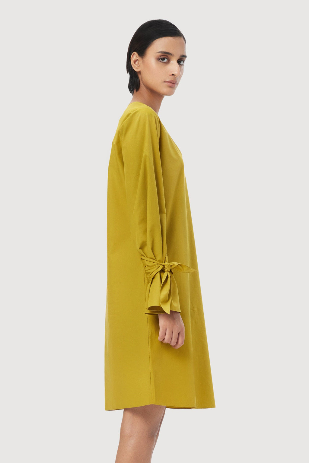 A-Line Round Neck Dress with Tie-Up Straps on Sleeves - Genes Lecoanet Hemant