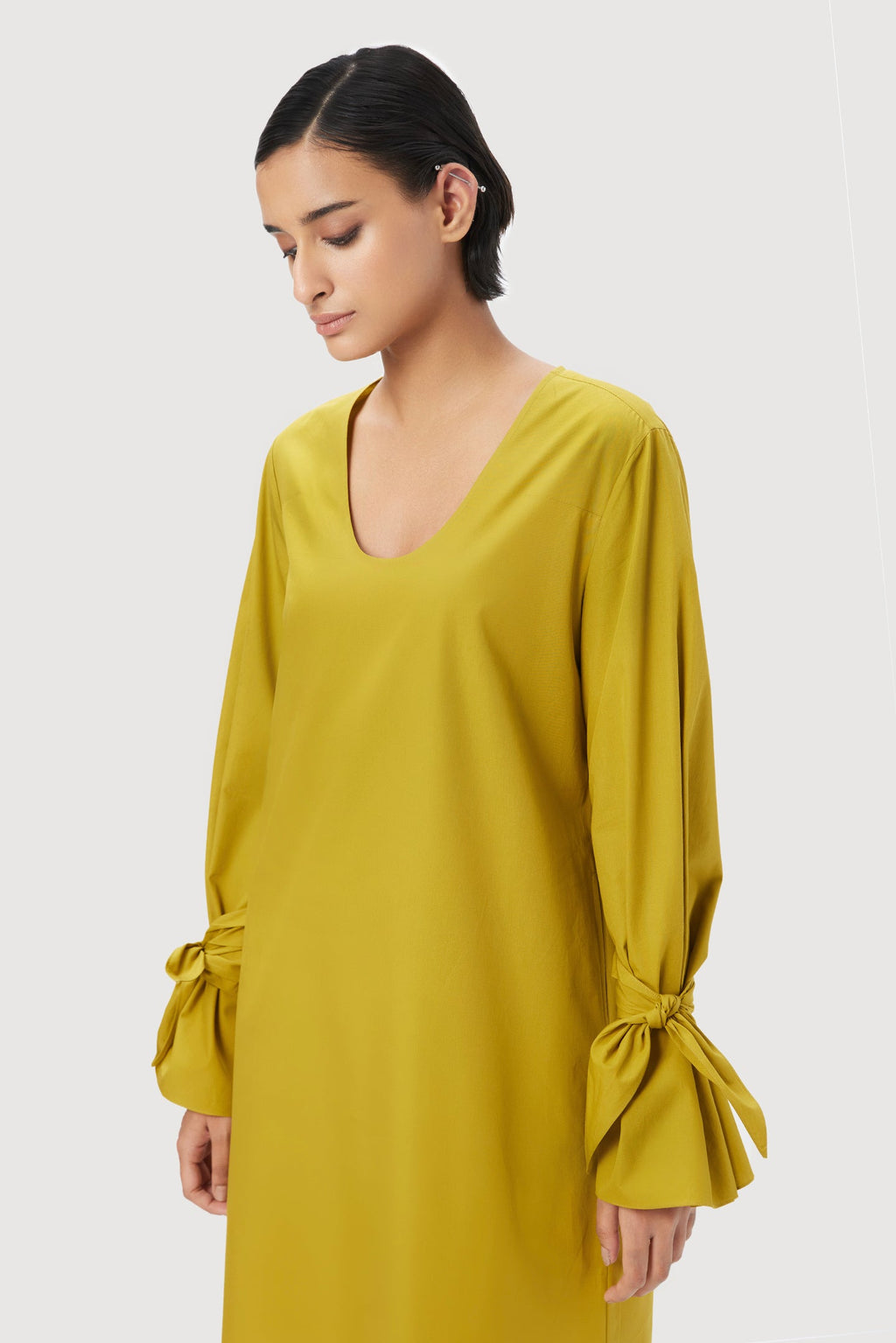 A-Line Round Neck Dress with Tie-Up Straps on Sleeves - Genes Lecoanet Hemant