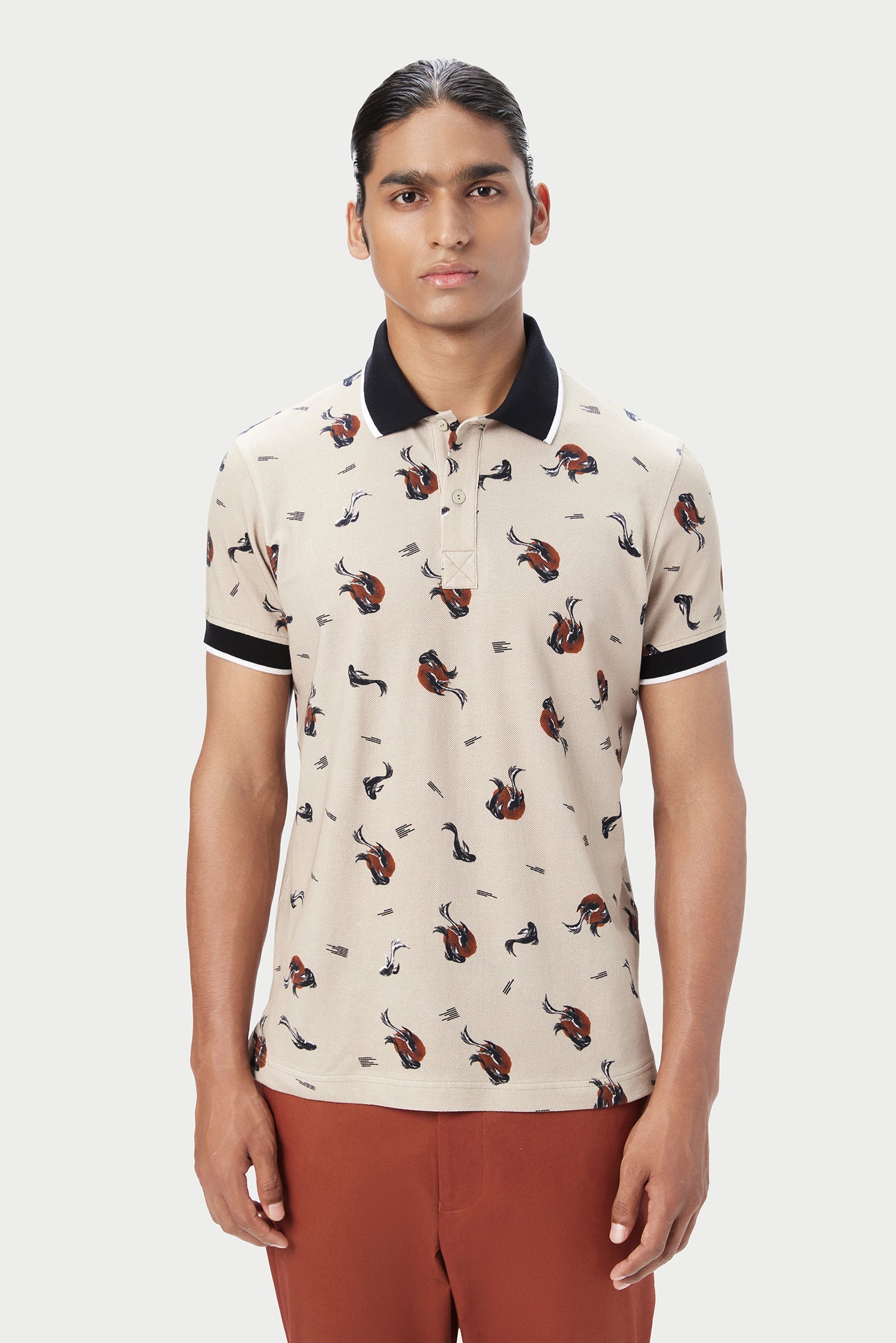 Regular Fit Polo T-Shirt with All-Over Fish Print - Genes Lecoanet Hemant
