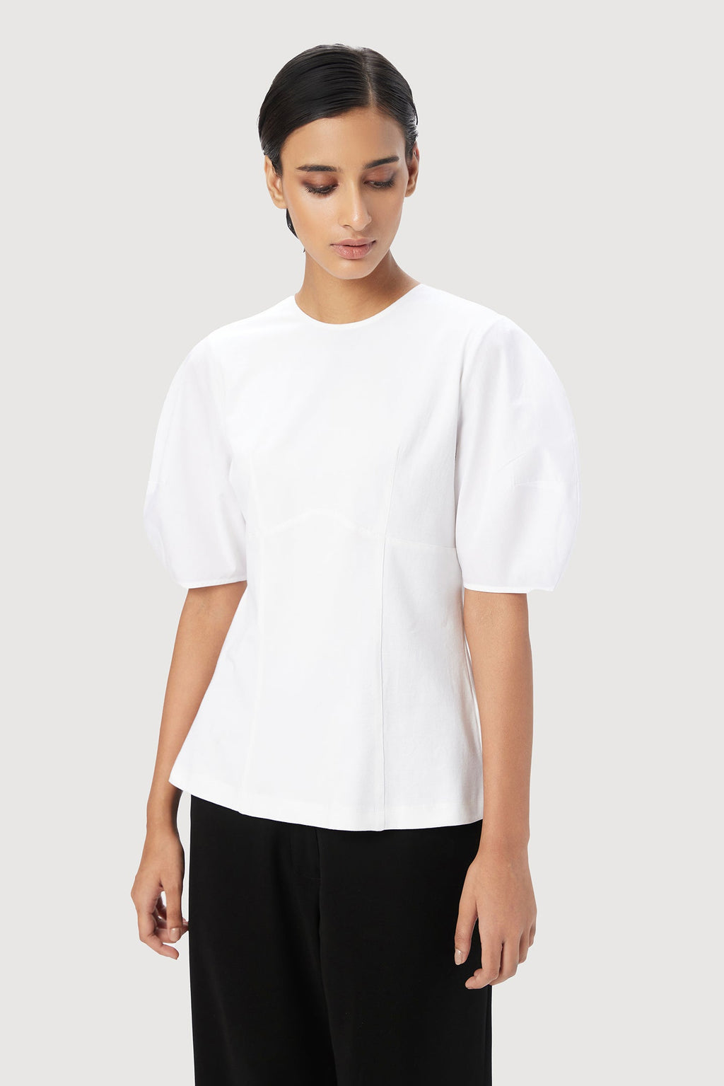 Slim Fit Round Neck Top with Soft Rounded Sleeves - Genes Lecoanet Hemant