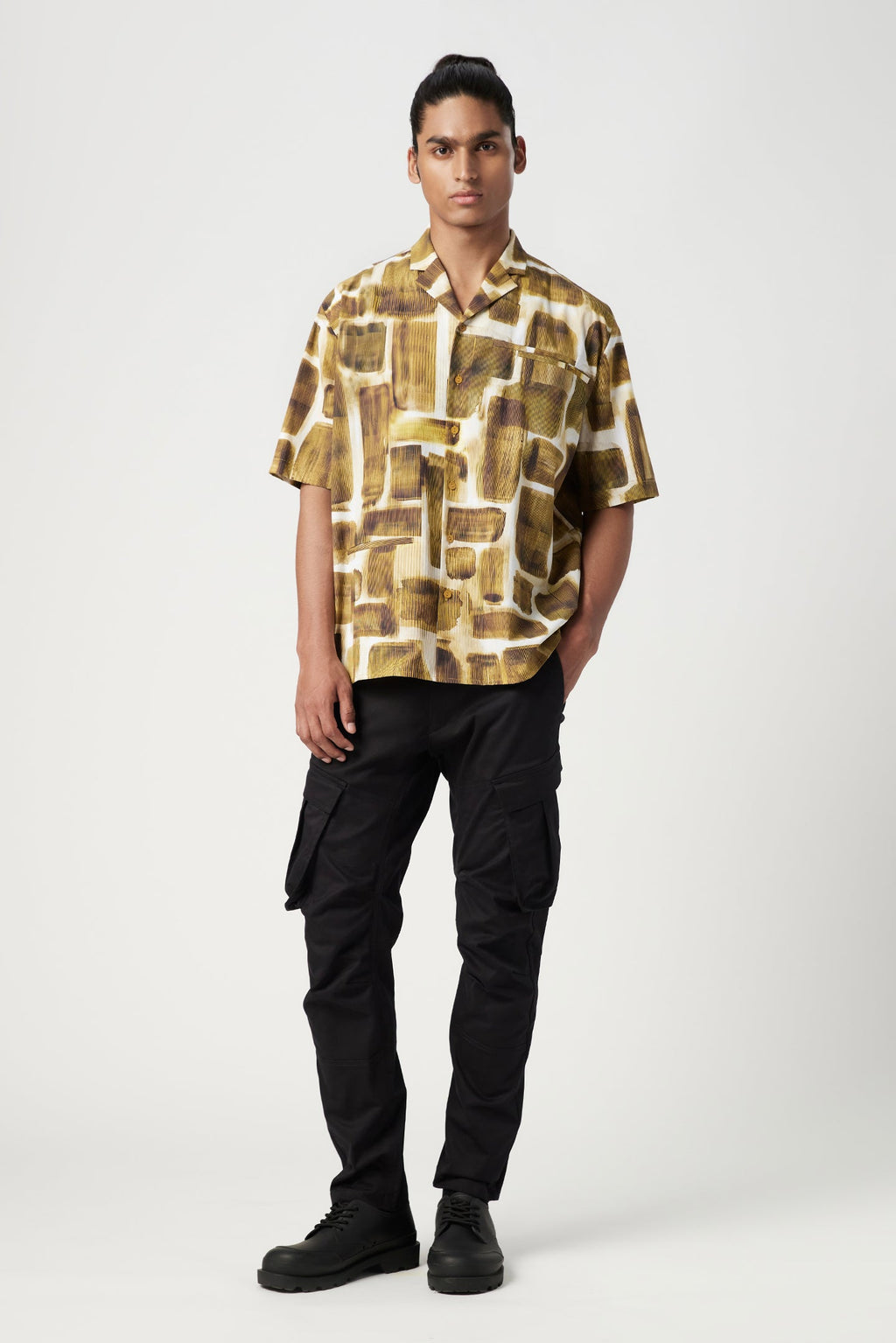 Easy Fit Half Sleeve Collar Shirt in an All-Over Abstract Check Print - Genes Lecoanet Hemant