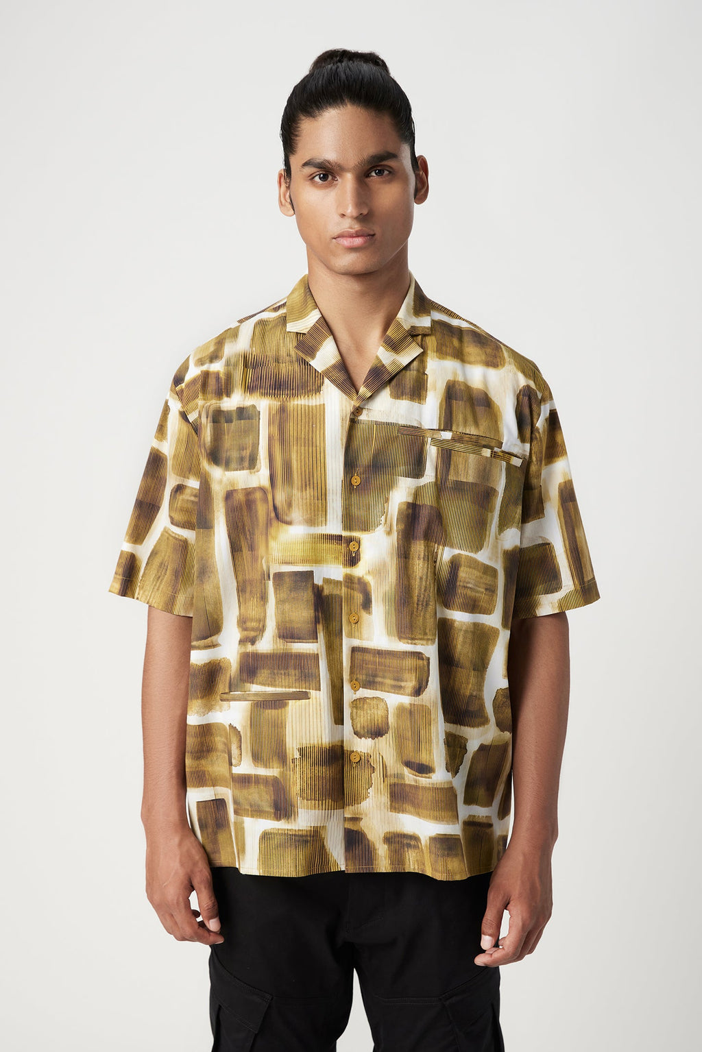 Easy Fit Half Sleeve Collar Shirt in an All-Over Abstract Check Print - Genes Lecoanet Hemant