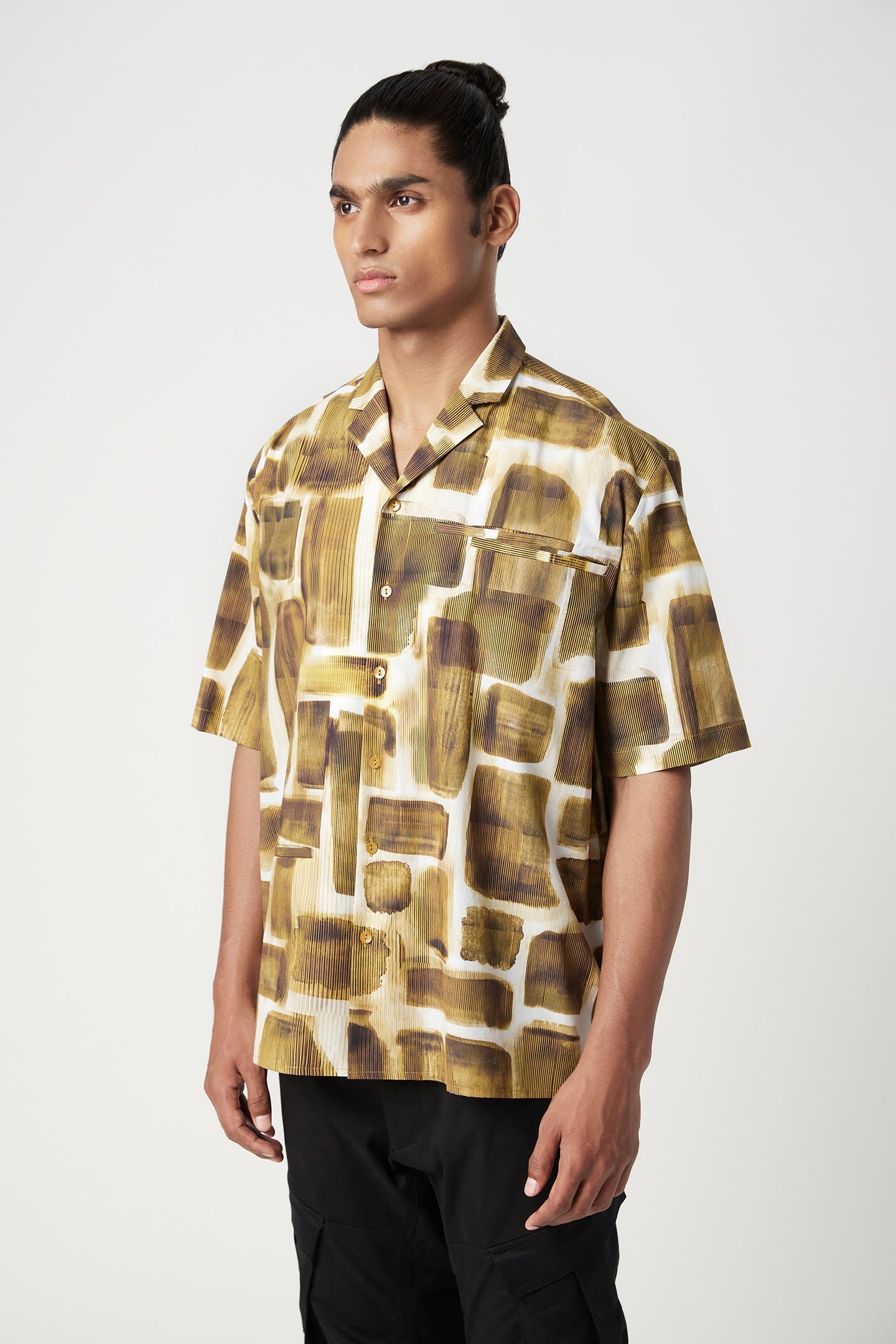 Easy Fit Half Sleeve Collar Shirt in an All-Over Abstract Check Print - Genes Lecoanet Hemant