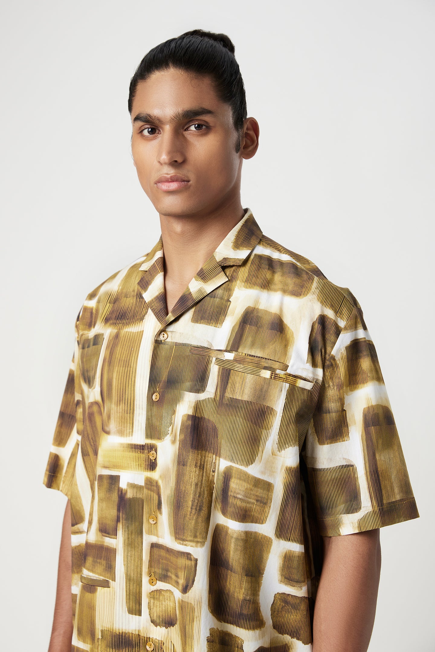Easy Fit Half Sleeve Collar Shirt in an All-Over Abstract Check Print - Genes Lecoanet Hemant