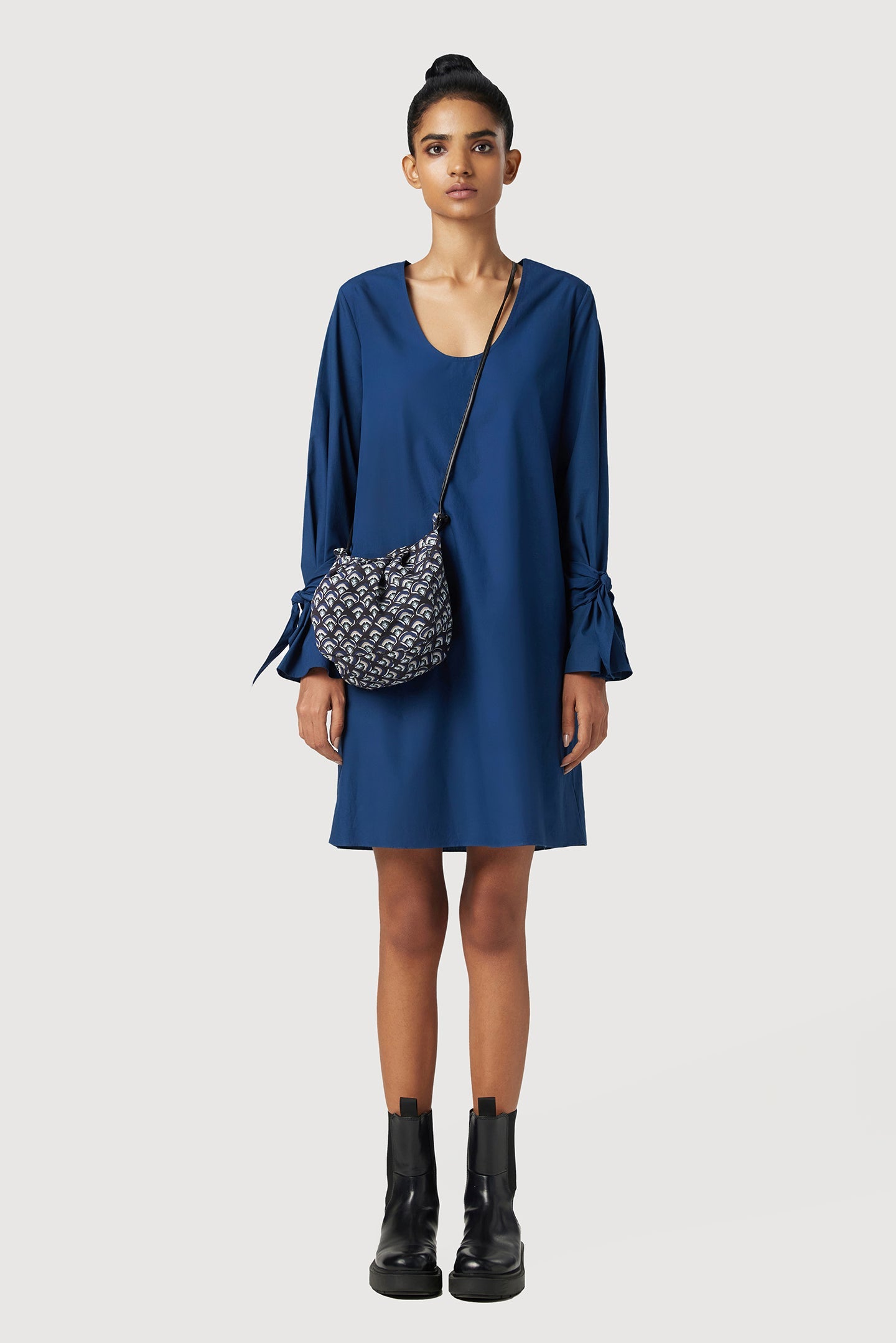 A-Line Round Neck Dress with Tie-Up Straps on Sleeves - Genes Lecoanet Hemant