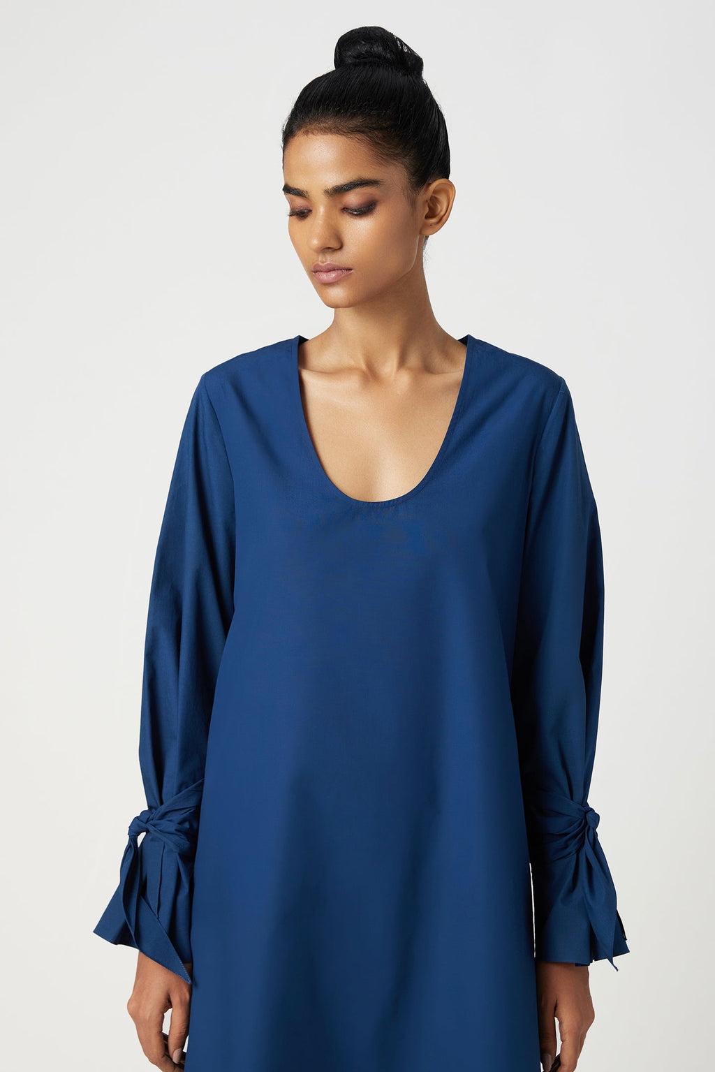 A-Line Round Neck Dress with Tie-Up Straps on Sleeves - Genes Lecoanet Hemant