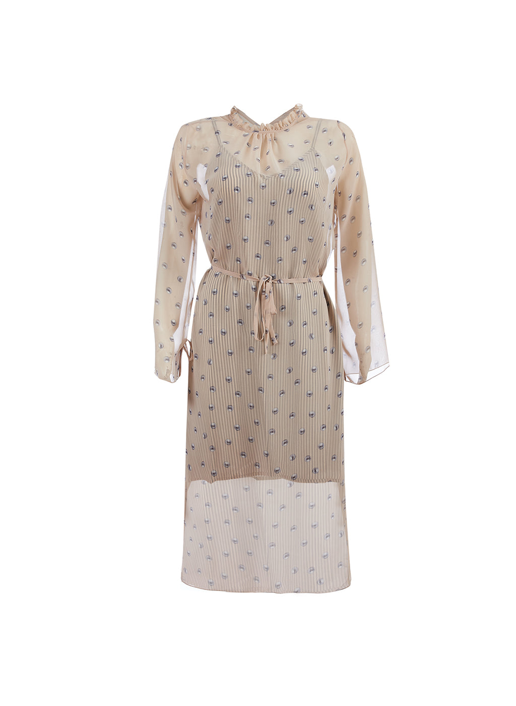 Sheer Printed Midi Dress with Ruffle Neckline