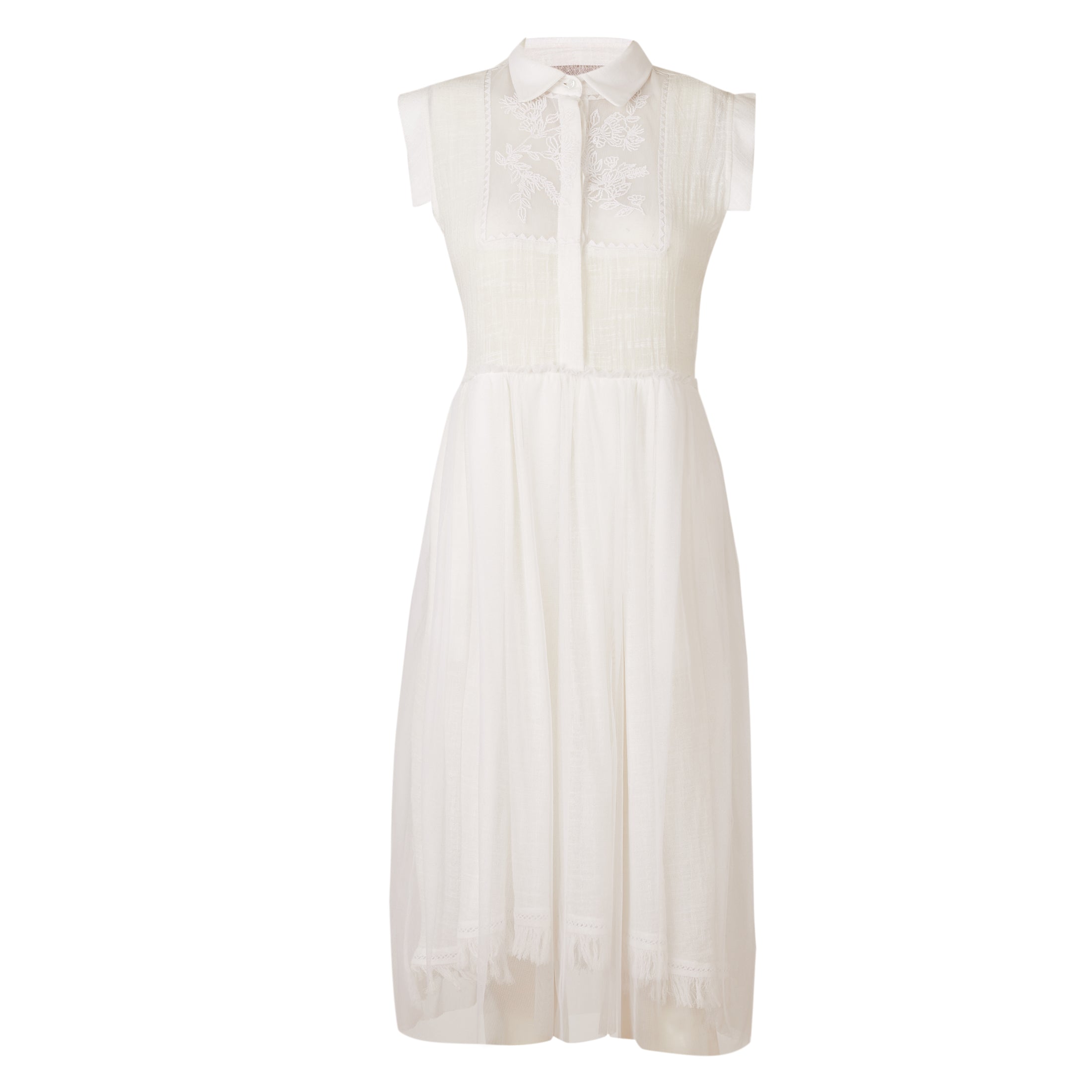 White Sleeveless Embroidered Shirt Dress