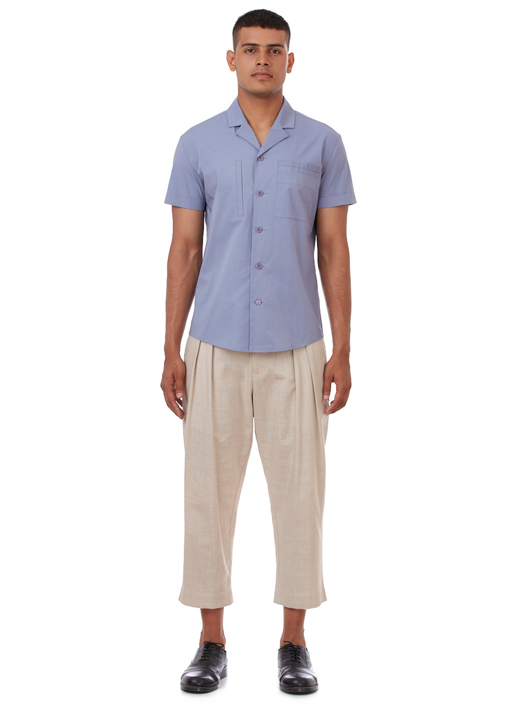 Men's Sky Blue Cuban Collar Short Sleeve Shirt
